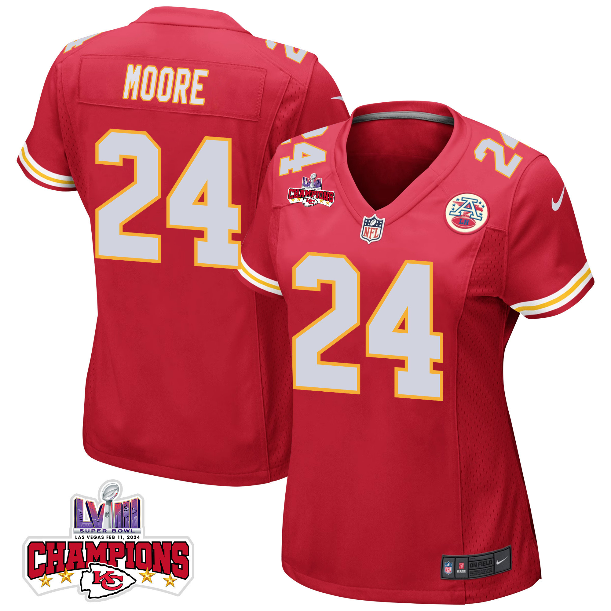 Skyy Moore 24 Kansas City Chiefs Super Bowl LVIII Champions 4 Stars Patch Game Women Jersey - Red JS7536 Saliibo