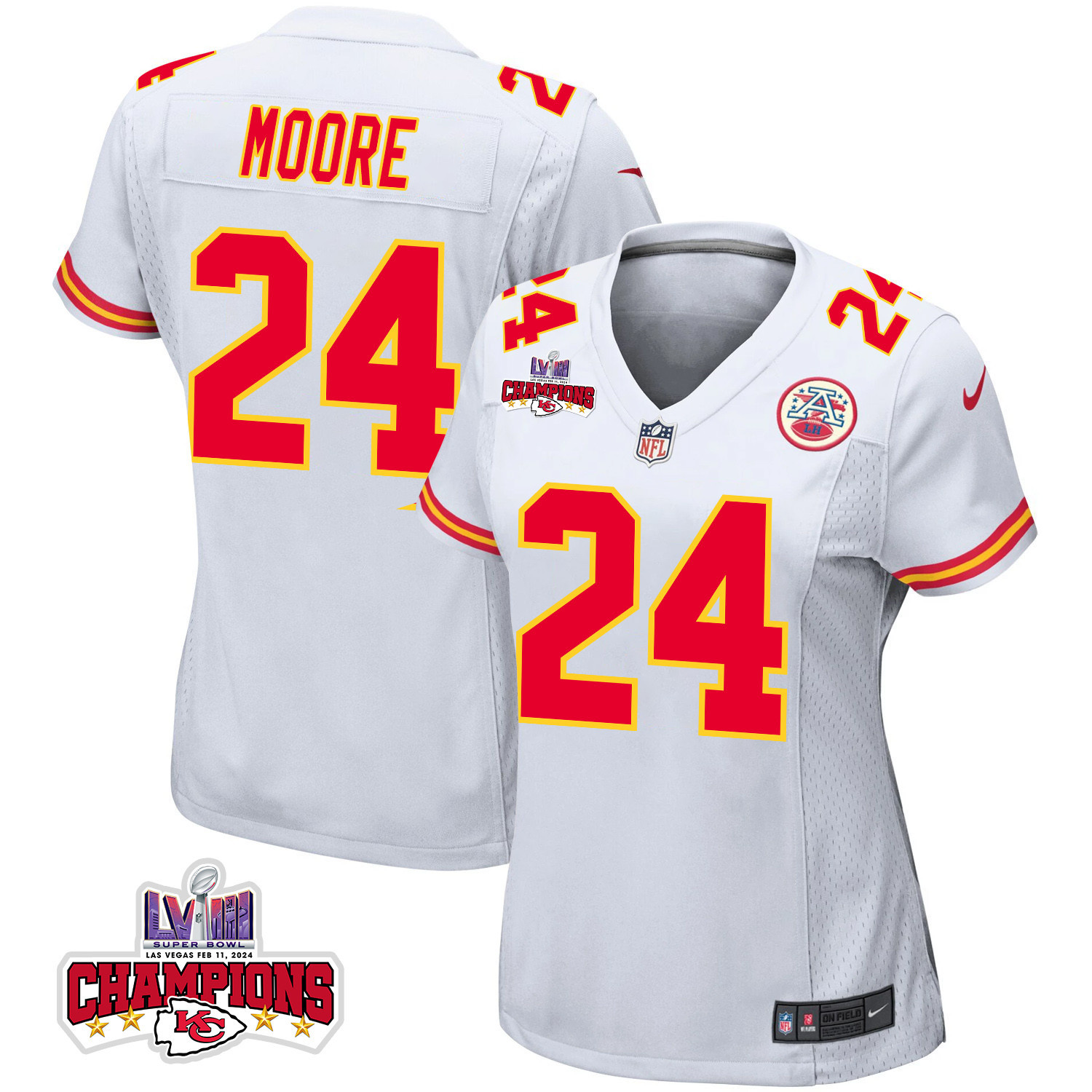 Skyy Moore 24 Kansas City Chiefs Super Bowl LVIII Champions 4 Stars Patch Game Women Jersey - White JS9632 Saliibo