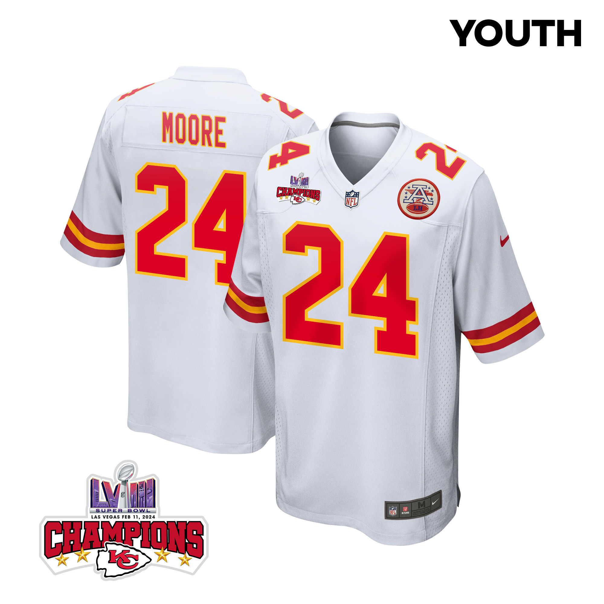 Skyy Moore 24 Kansas City Chiefs Super Bowl LVIII Champions 4 Stars Patch Game YOUTH Jersey - White JS6706 Saliibo