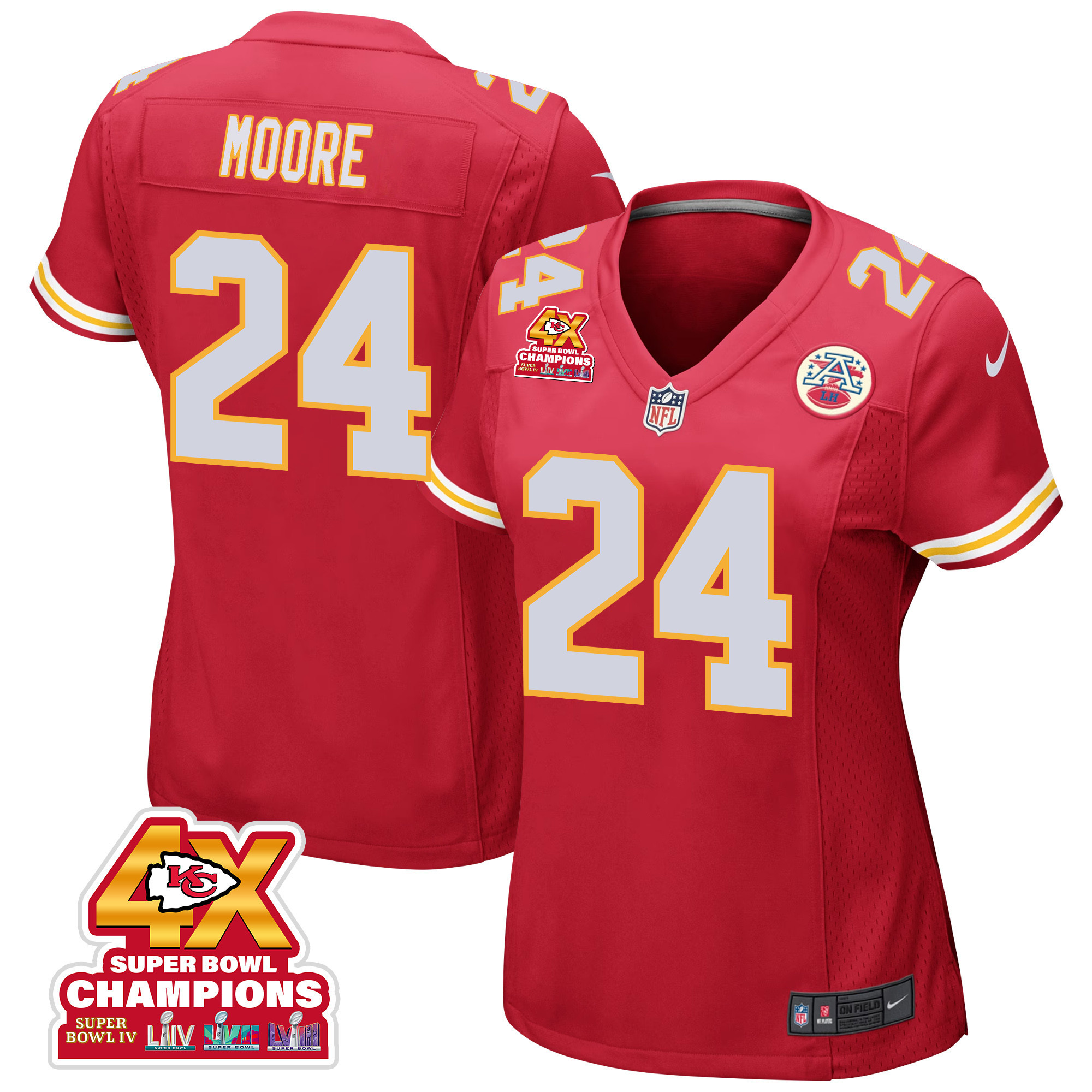 Skyy Moore 24 Kansas City Chiefs Super Bowl LVIII Champions 4X Game Women Jersey - Red JS3244 Saliibo
