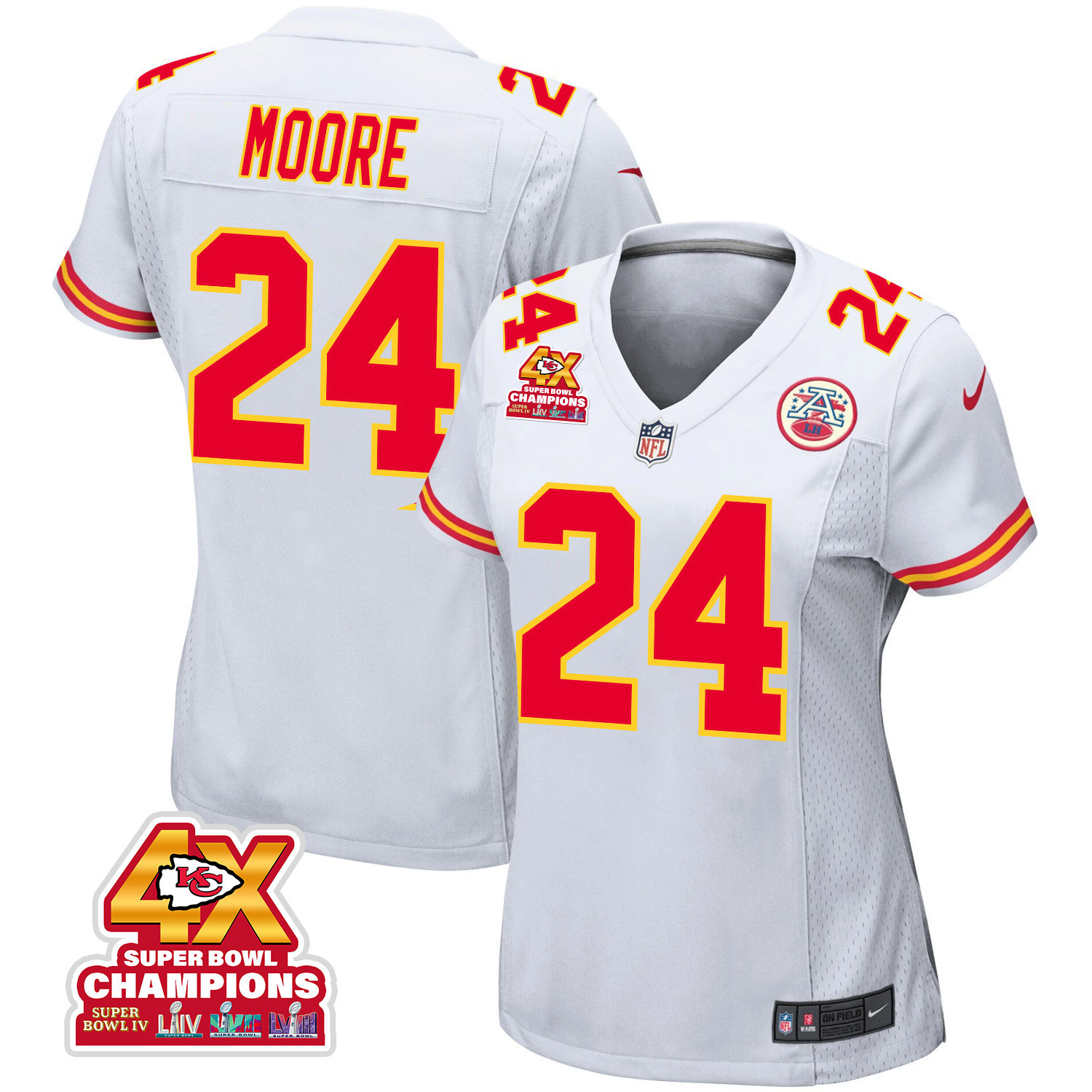 Skyy Moore 24 Kansas City Chiefs Super Bowl LVIII Champions 4X Game Women Jersey - White JS1189 Saliibo