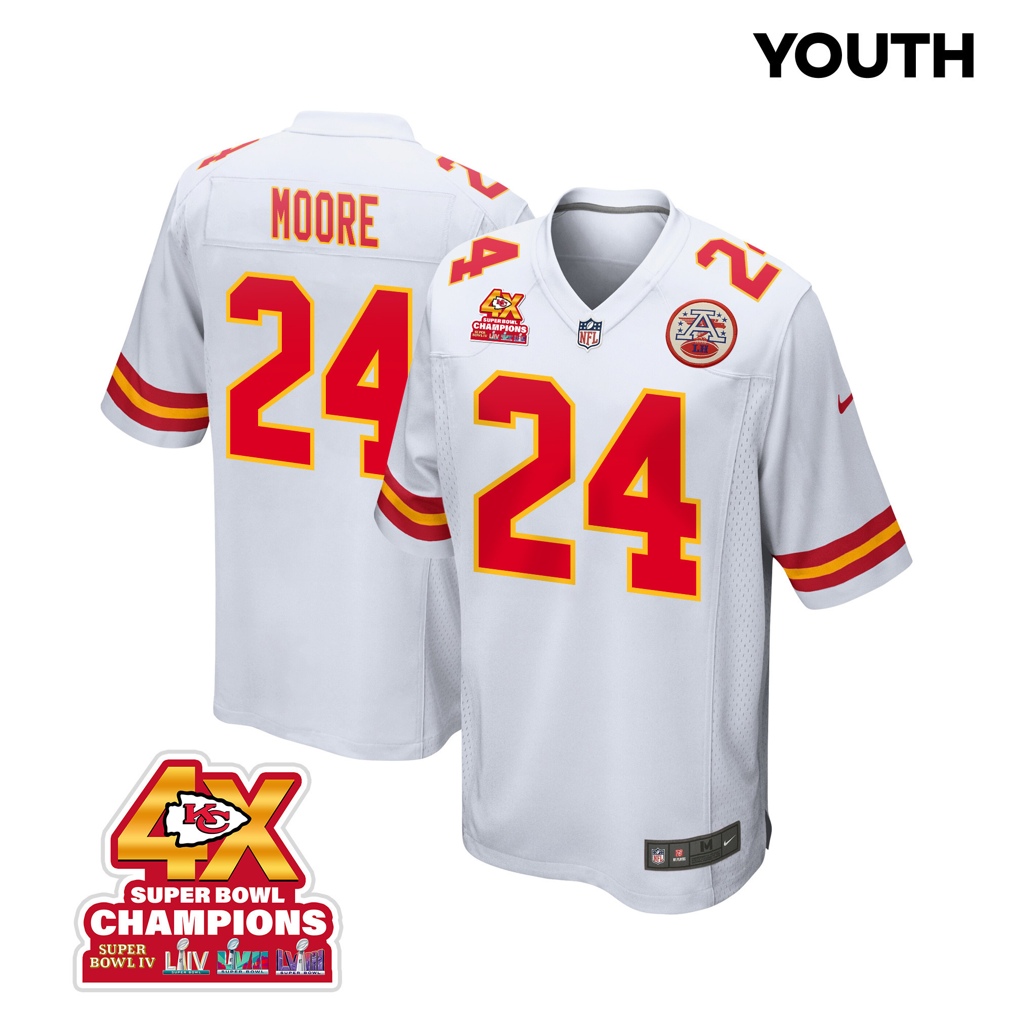Skyy Moore 24 Kansas City Chiefs Super Bowl LVIII Champions 4X Game YOUTH Jersey - White JS9201 Saliibo