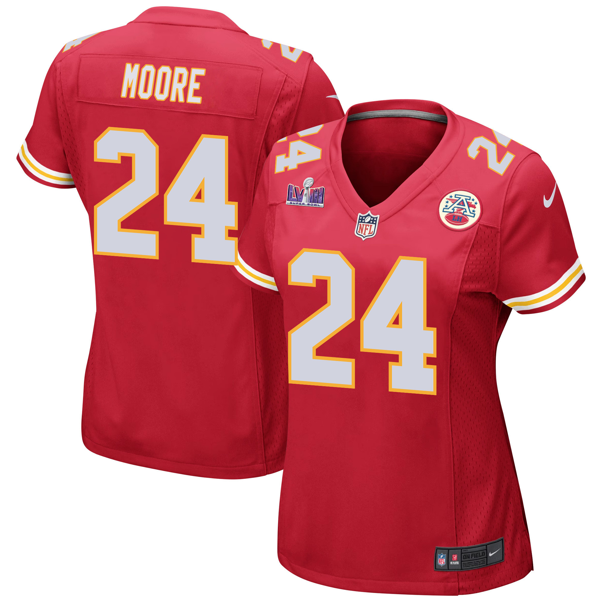 Skyy Moore 24 Kansas City Chiefs Super Bowl LVIII Patch Game Women Jersey - Red JS3813 Saliibo