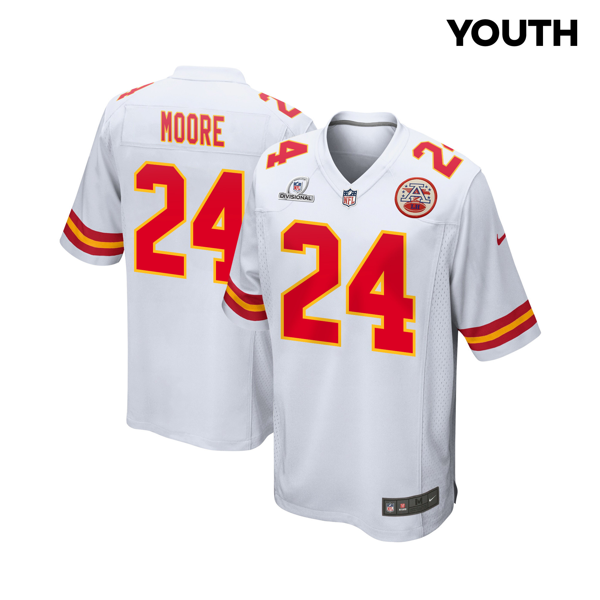 Skyy Moore 24 Kansas City Chiefs Super Bowl LVIII Patch Game YOUTH Jersey - White JS8181 Saliibo