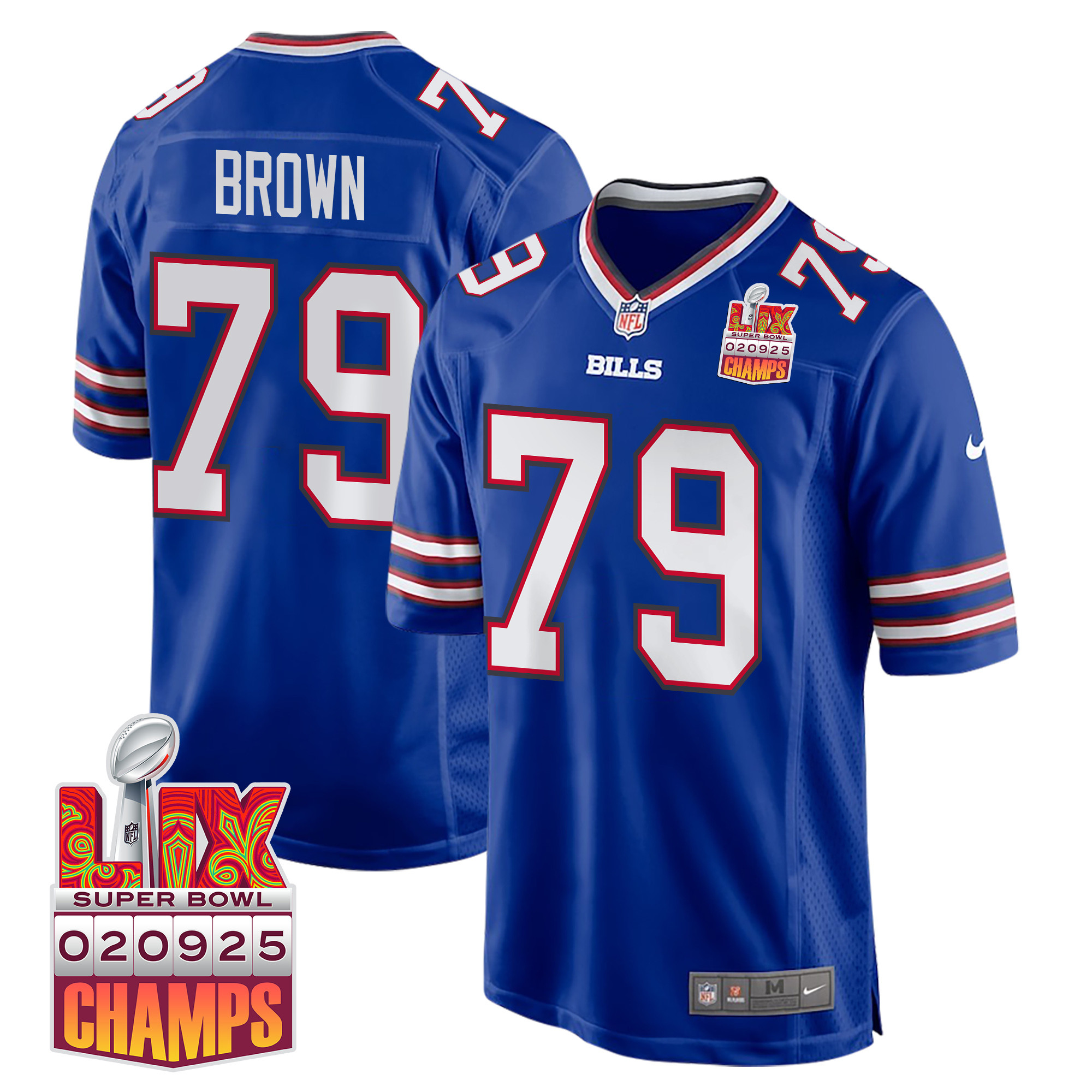 Spencer Brown 79 Buffalo Bills Super Bowl LIX Champions Patch Game Men Jersey - Royal JS6636 Saliibo