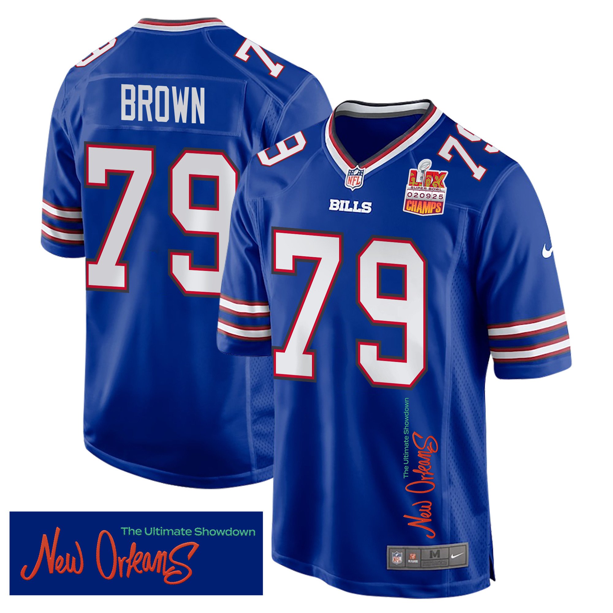 Spencer Brown 79 Buffalo Bills Super Bowl LIX Champions Patch 'New Orleans - The Ultimate Showdown' EMBROIDERED Game Men Jersey - Royal JS7367 Saliibo