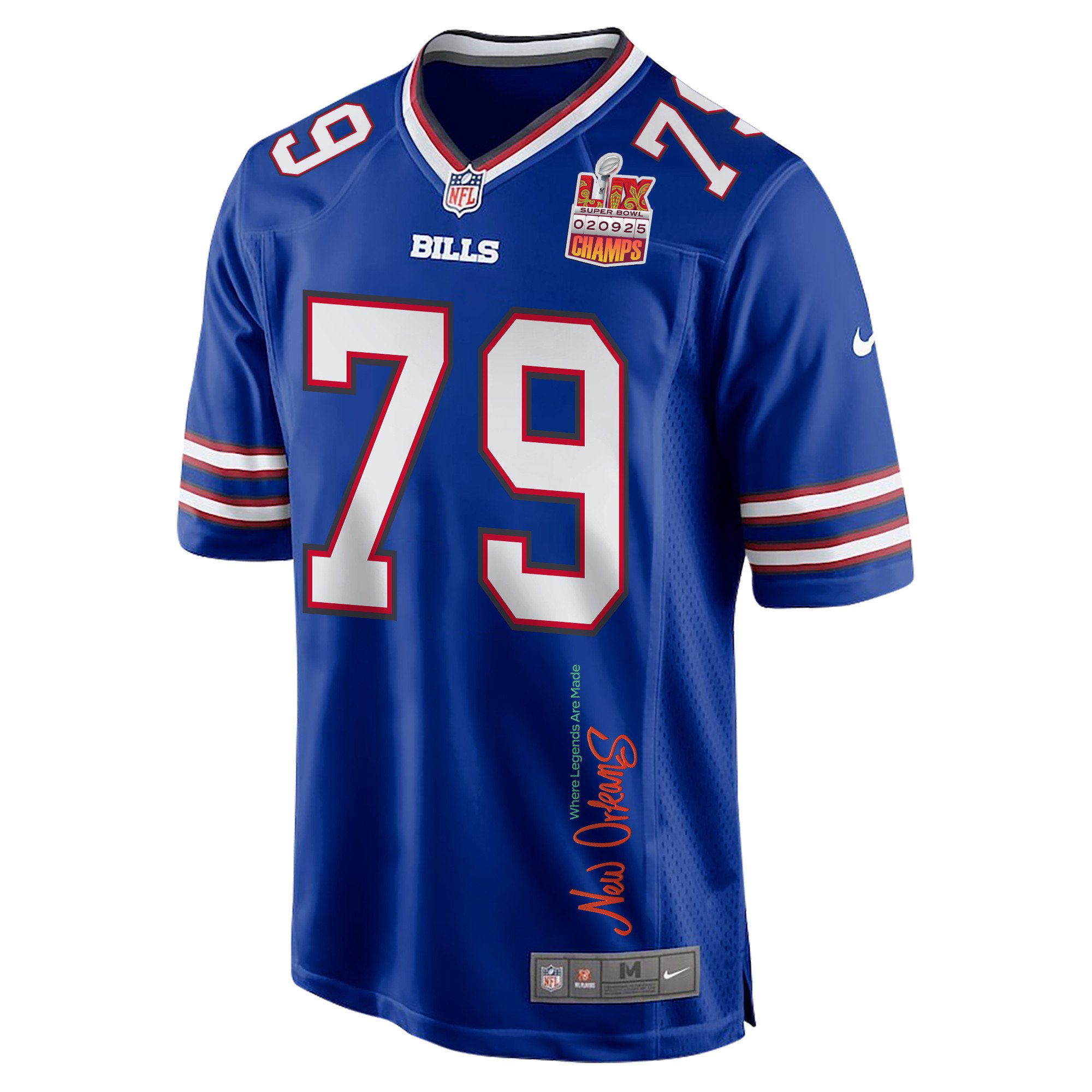 Spencer Brown 79 Buffalo Bills Super Bowl LIX Champions Patch 'New Orleans - Where Legends Are Made' EMBROIDERED Game Men Jersey - Royal JS1700 Saliibo - Image 3