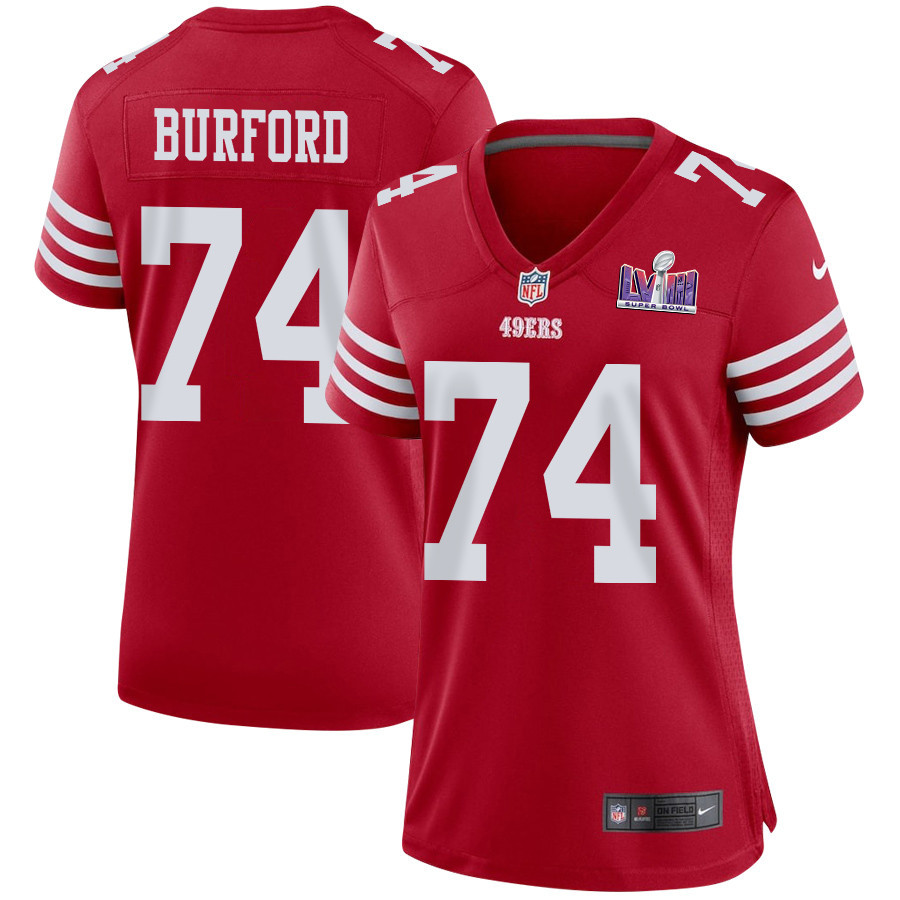 Spencer Burford 74 San Francisco 49ers Super Bowl LVIII Patch Game Women Jersey - Scarlet JS6214 Saliibo