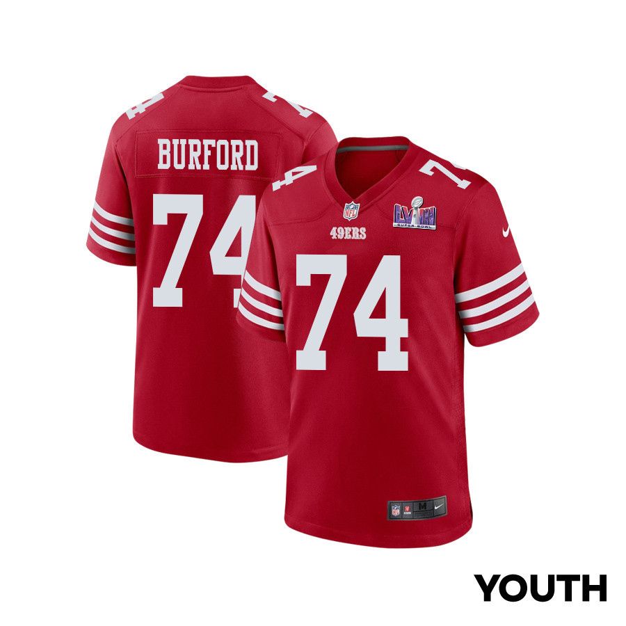 Spencer Burford 74 San Francisco 49ers Super Bowl LVIII Patch Game YOUTH Jersey - Scarlet JS8218 Saliibo
