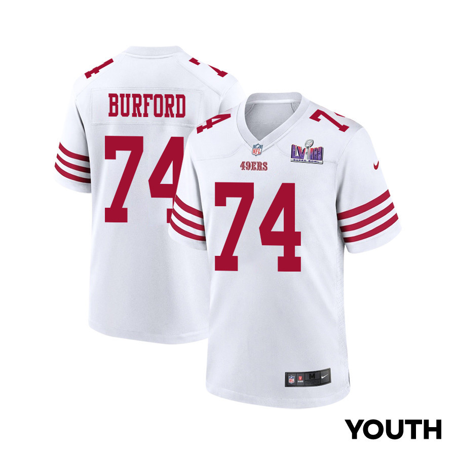 Spencer Burford 74 San Francisco 49ers Super Bowl LVIII Patch Game YOUTH Jersey - White JS3535 Saliibo
