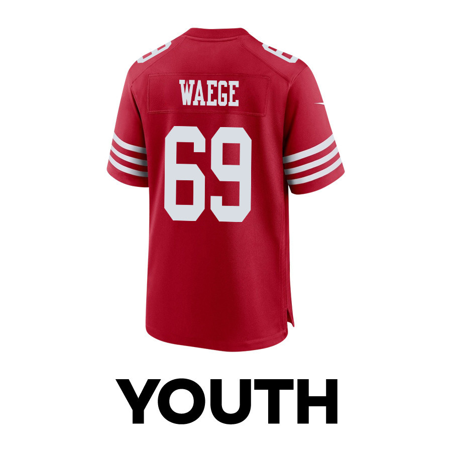 Spencer Waege 69 San Francisco 49ers Super Bowl LVIII Patch Game YOUTH Jersey - Scarlet JS4086 Saliibo - Image 3