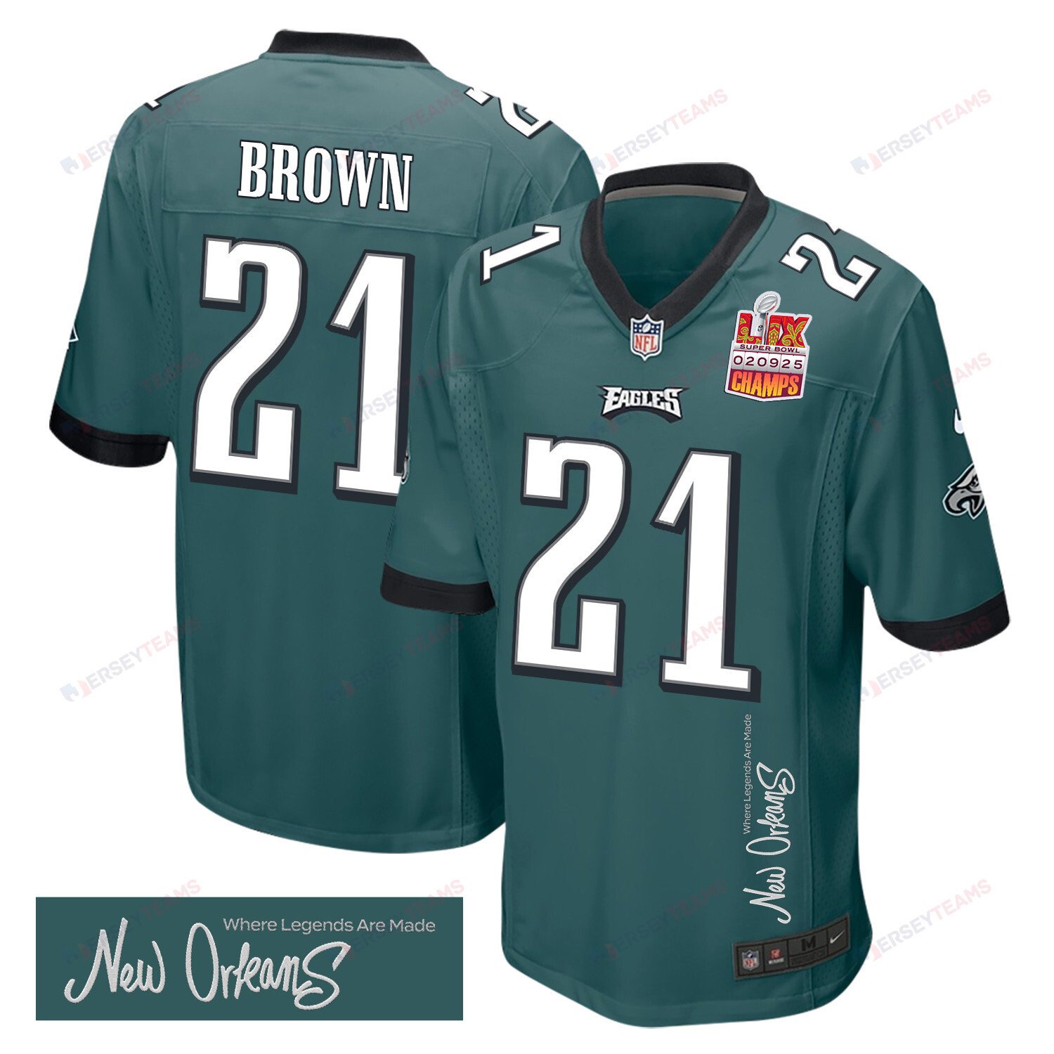 Sydney Brown 21 Philadelphia Eagles Super Bowl LIX Champions Patch 'New Orleans - Where Legends Are Made' EMBROIDERED Game Men Jersey - Midnight Green JS5741 Saliibo