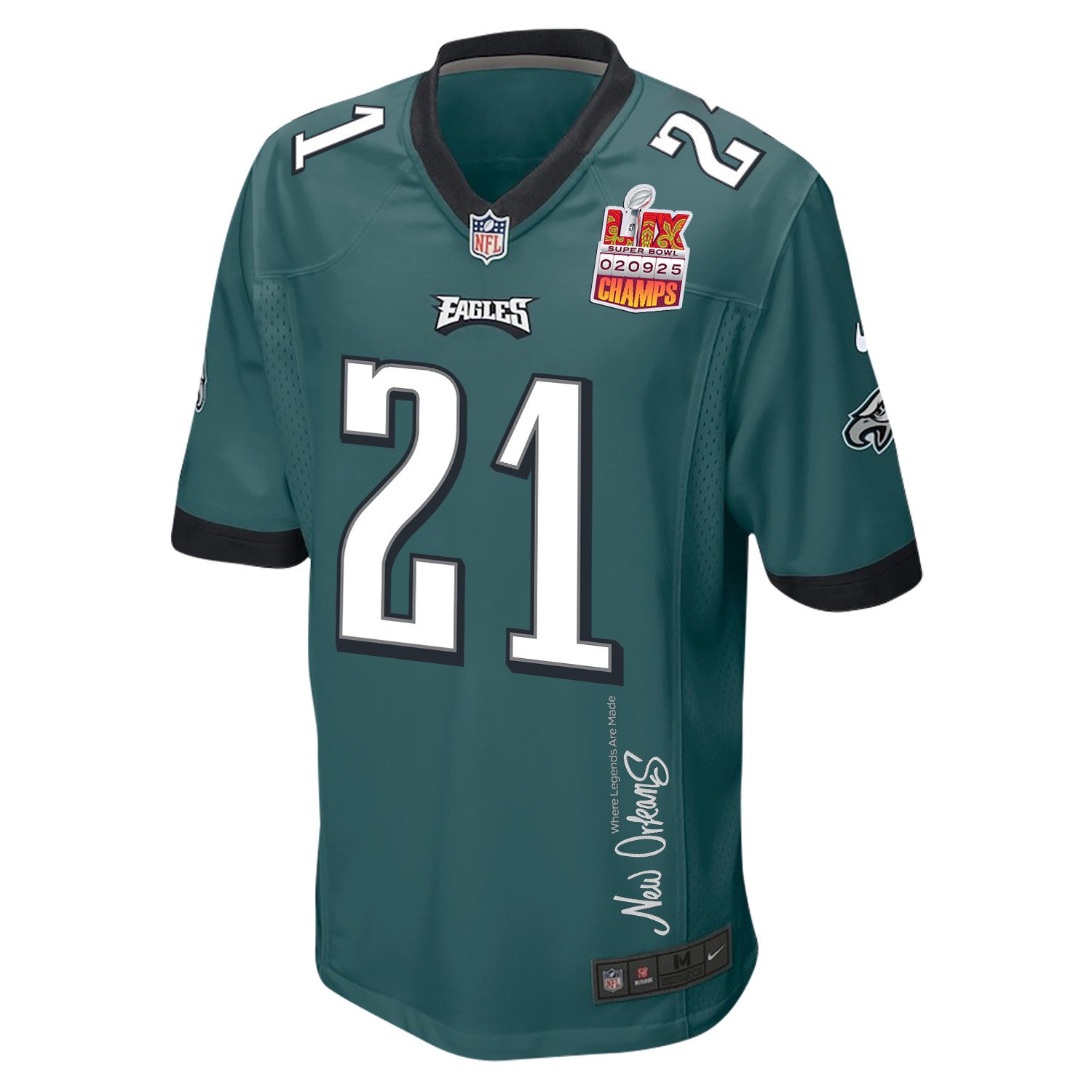 Sydney Brown 21 Philadelphia Eagles Super Bowl LIX Champions Patch 'New Orleans - Where Legends Are Made' EMBROIDERED Game Men Jersey - Midnight Green JS5741 Saliibo - Image 3