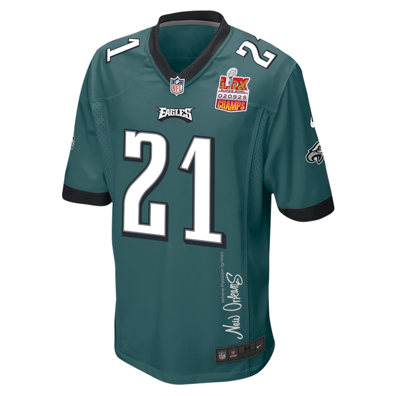 Sydney Brown 21 Philadelphia Eagles Super Bowl LIX Champions Patch 'New Orleans - Where Passion Ignites' EMBROIDERED Game Men Jersey - Midnight Green JS6540 Saliibo - Image 3