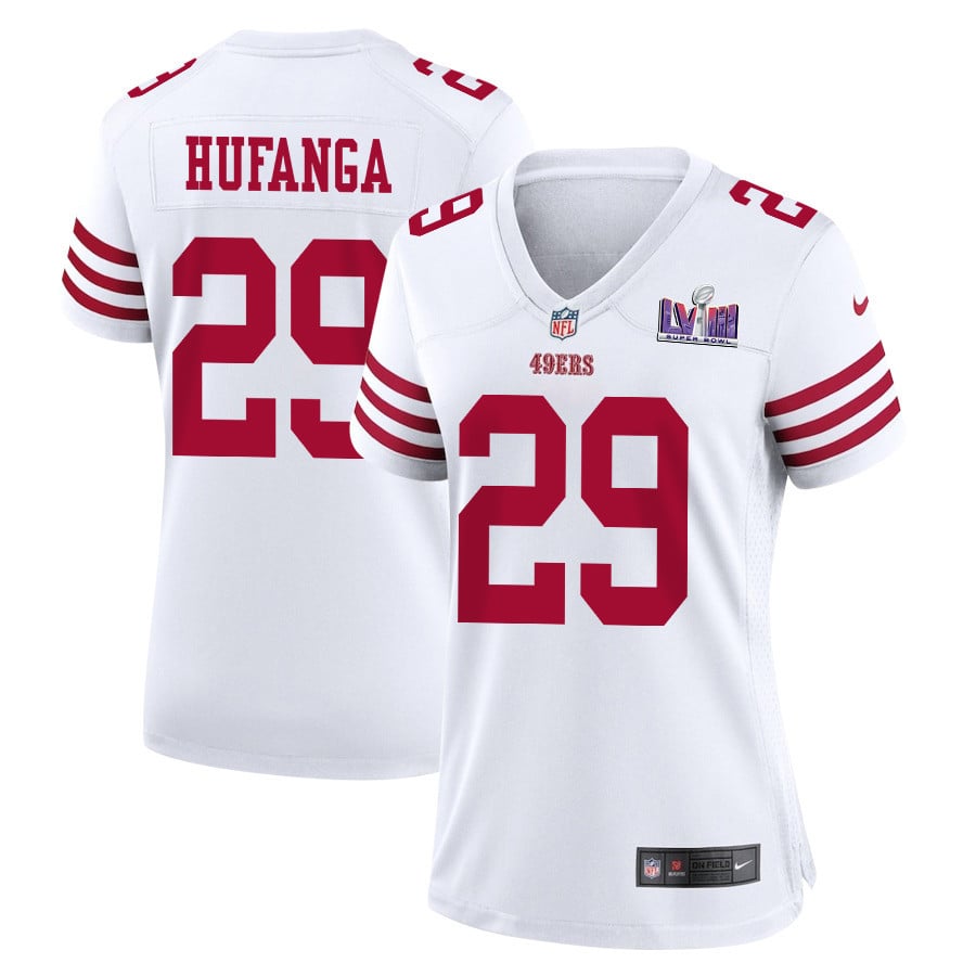 Talanoa Hufanga 29 San Francisco 49ers Super Bowl LVIII Patch Game Women Jersey - White JS9001 Saliibo