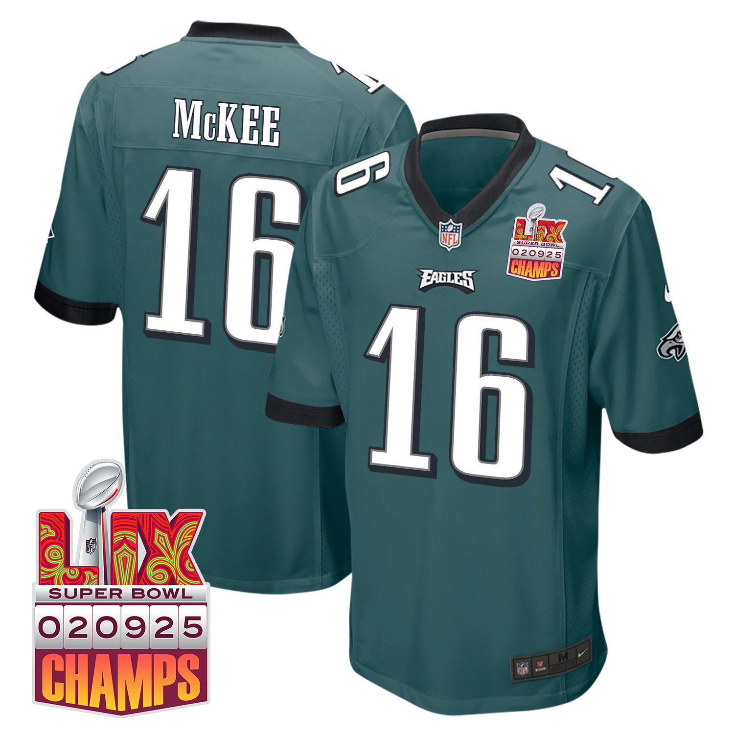 Tanner McKee 16 Philadelphia Eagles Super Bowl LIX Champions Patch Game Men Jersey - Midnight Green JS3706 Saliibo