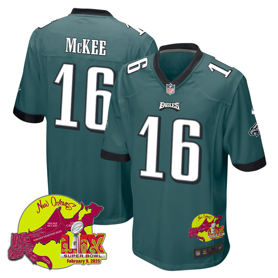 Tanner McKee 16 Philadelphia Eagles Super Bowl LIX New Orleans Patch Game Men Jersey - Midnight Green JS7935 Saliibo