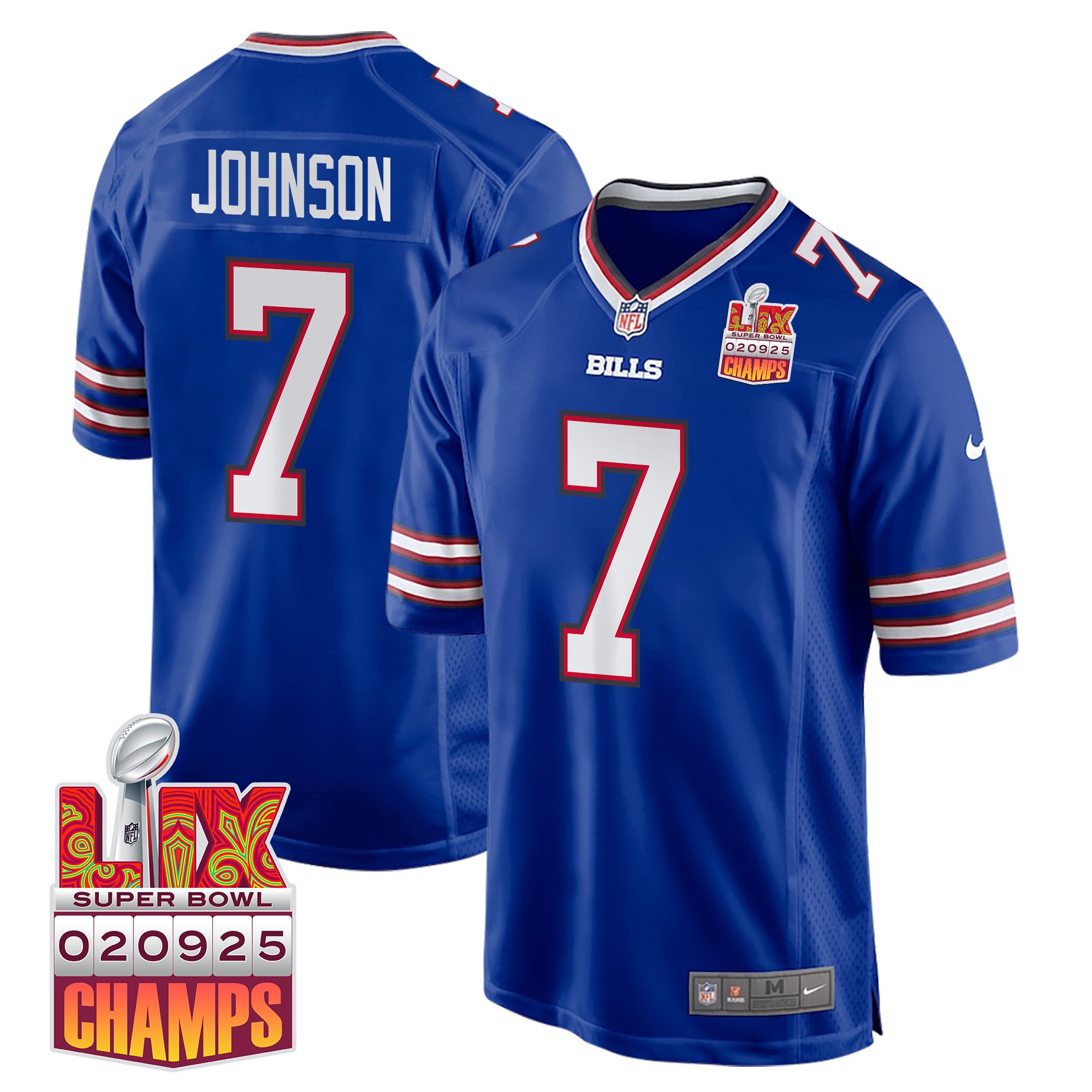 Taron Johnson 7 Buffalo Bills Super Bowl LIX Champions Patch Game Men Jersey - Royal JS7932 Saliibo