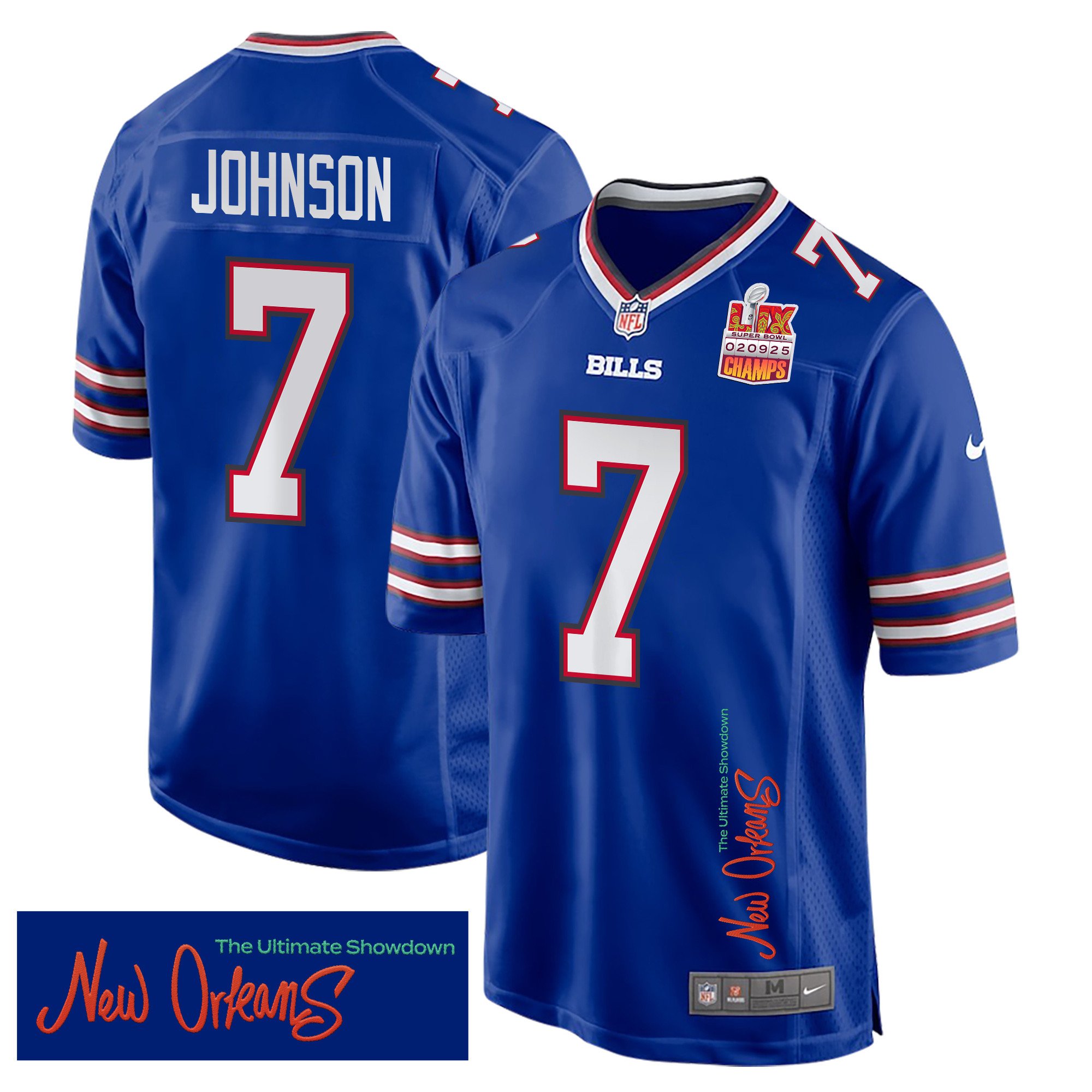 Taron Johnson 7 Buffalo Bills Super Bowl LIX Champions Patch 'New Orleans - The Ultimate Showdown' EMBROIDERED Game Men Jersey - Royal JS4162 Saliibo
