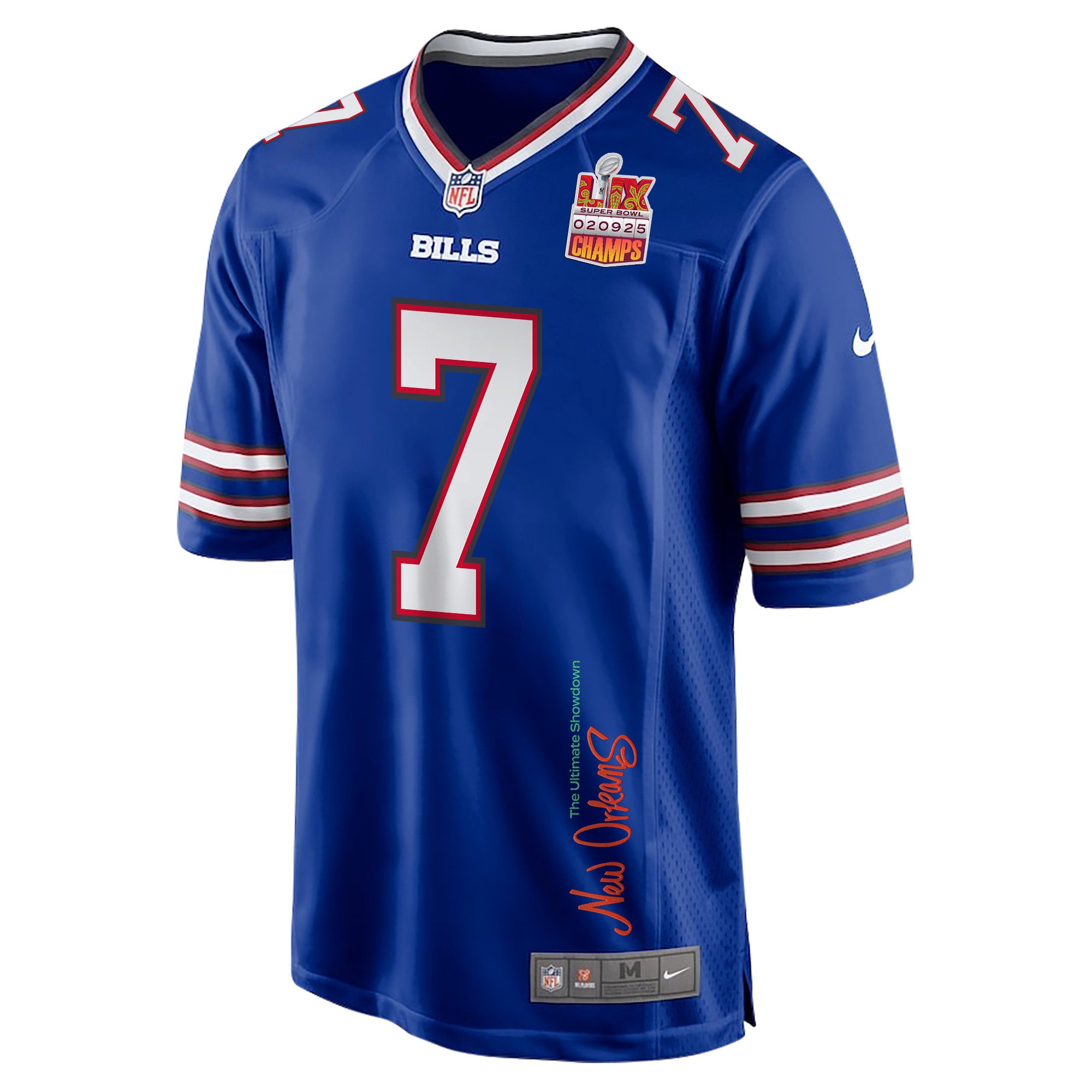Taron Johnson 7 Buffalo Bills Super Bowl LIX Champions Patch 'New Orleans - The Ultimate Showdown' EMBROIDERED Game Men Jersey - Royal JS4162 Saliibo - Image 3
