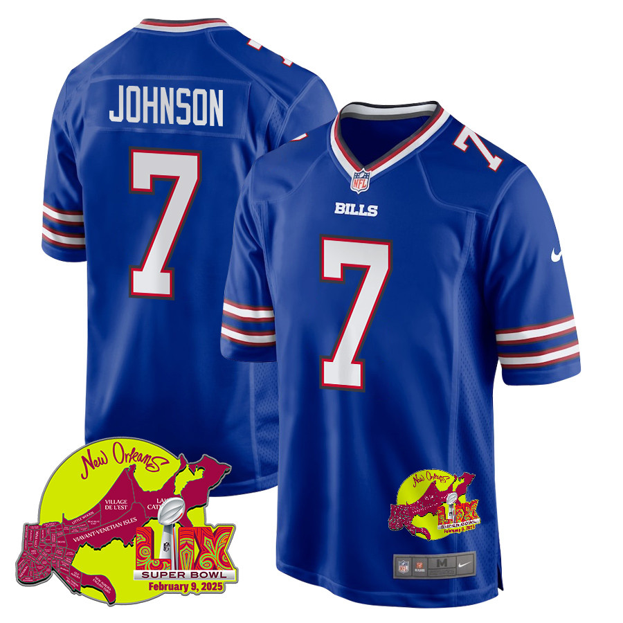 Taron Johnson 7 Buffalo Bills Super Bowl LIX New Orleans Patch Game Men Jersey - Royal JS5441 Saliibo
