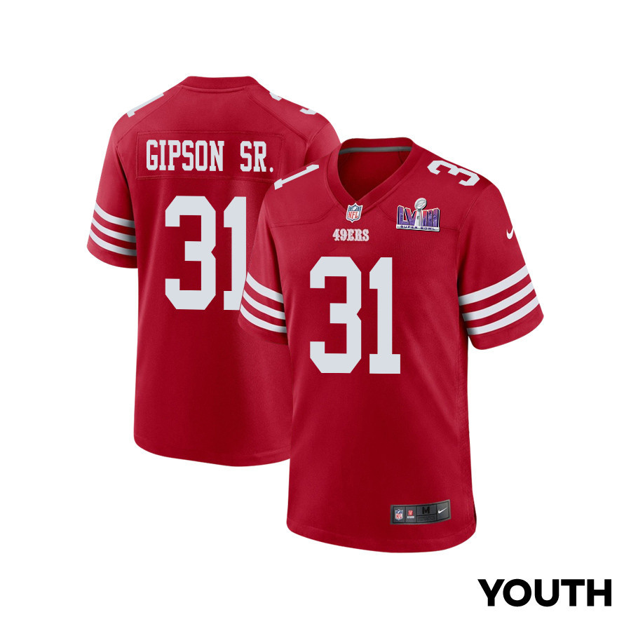 Tashaun Gipson Sr. 31 San Francisco 49ers Super Bowl LVIII Patch Game YOUTH Jersey - Scarlet JS4578 Saliibo