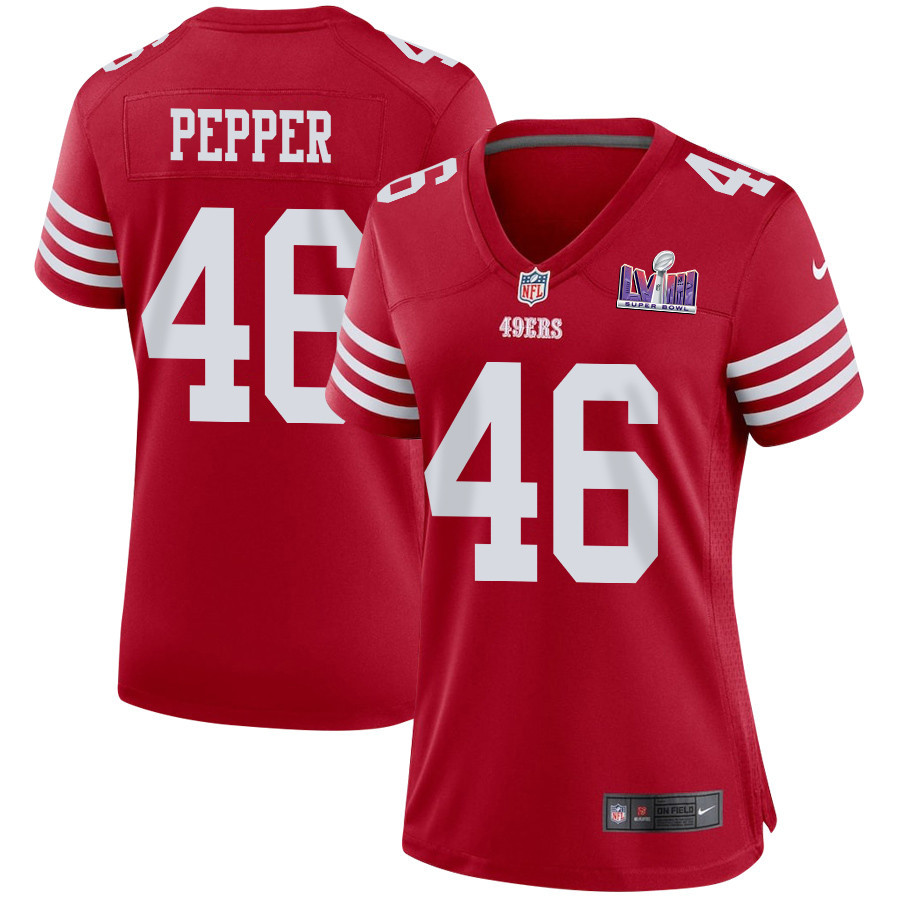 Taybor Pepper 46 San Francisco 49ers Super Bowl LVIII Patch Game Women Jersey - Scarlet JS5586 Saliibo