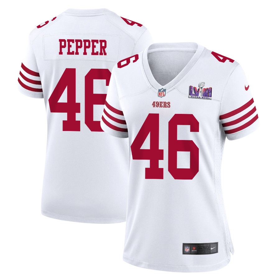 Taybor Pepper 46 San Francisco 49ers Super Bowl LVIII Patch Game Women Jersey - White JS1230 Saliibo