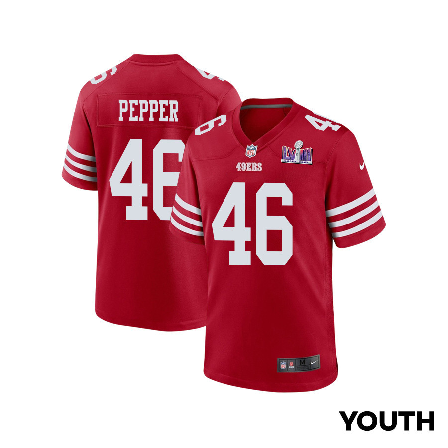 Taybor Pepper 46 San Francisco 49ers Super Bowl LVIII Patch Game YOUTH Jersey - Scarlet JS1194 Saliibo