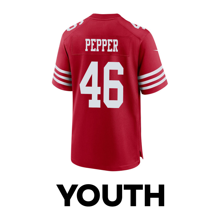 Taybor Pepper 46 San Francisco 49ers Super Bowl LVIII Patch Game YOUTH Jersey - Scarlet JS1194 Saliibo - Image 3