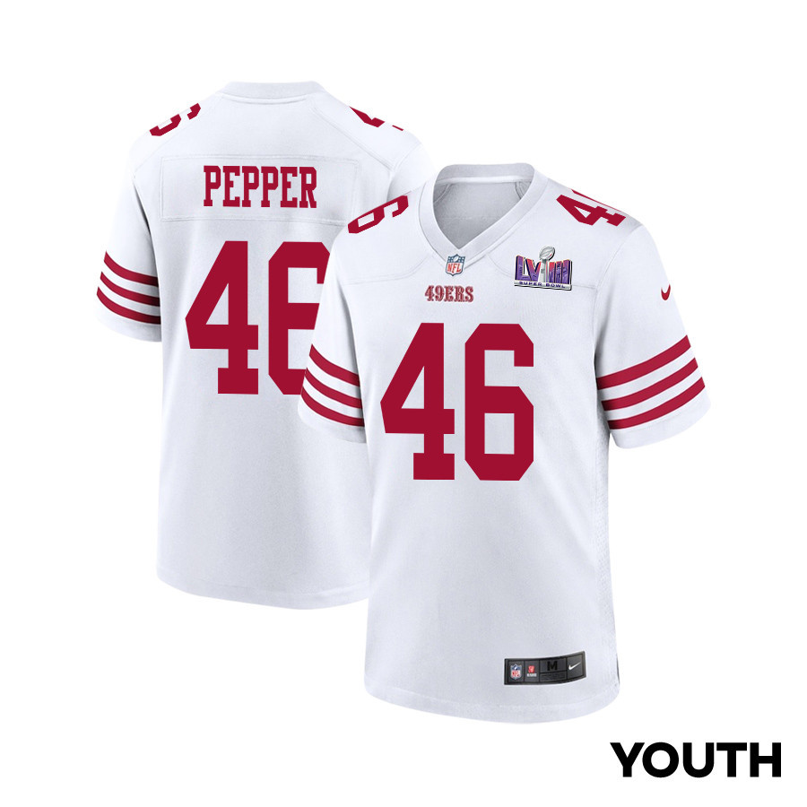 Taybor Pepper 46 San Francisco 49ers Super Bowl LVIII Patch Game YOUTH Jersey - White JS4405 Saliibo