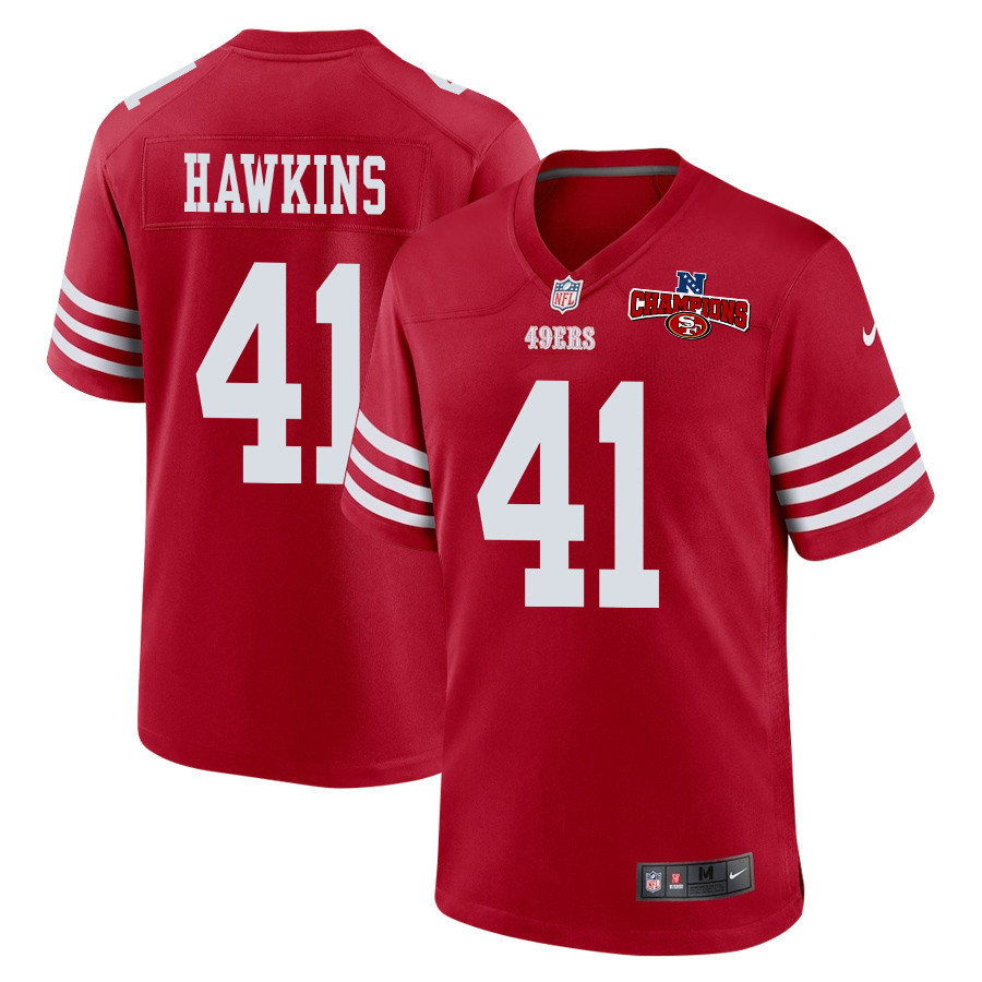 Tayler Hawkins 41 San Francisco 49ers NFC Champions Patch Game Men Jersey - Scarlet JS2027 Saliibo