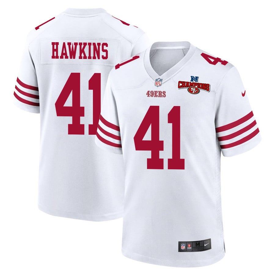 Tayler Hawkins 41 San Francisco 49ers NFC Champions Patch Game Men Jersey - White JS2830 Saliibo