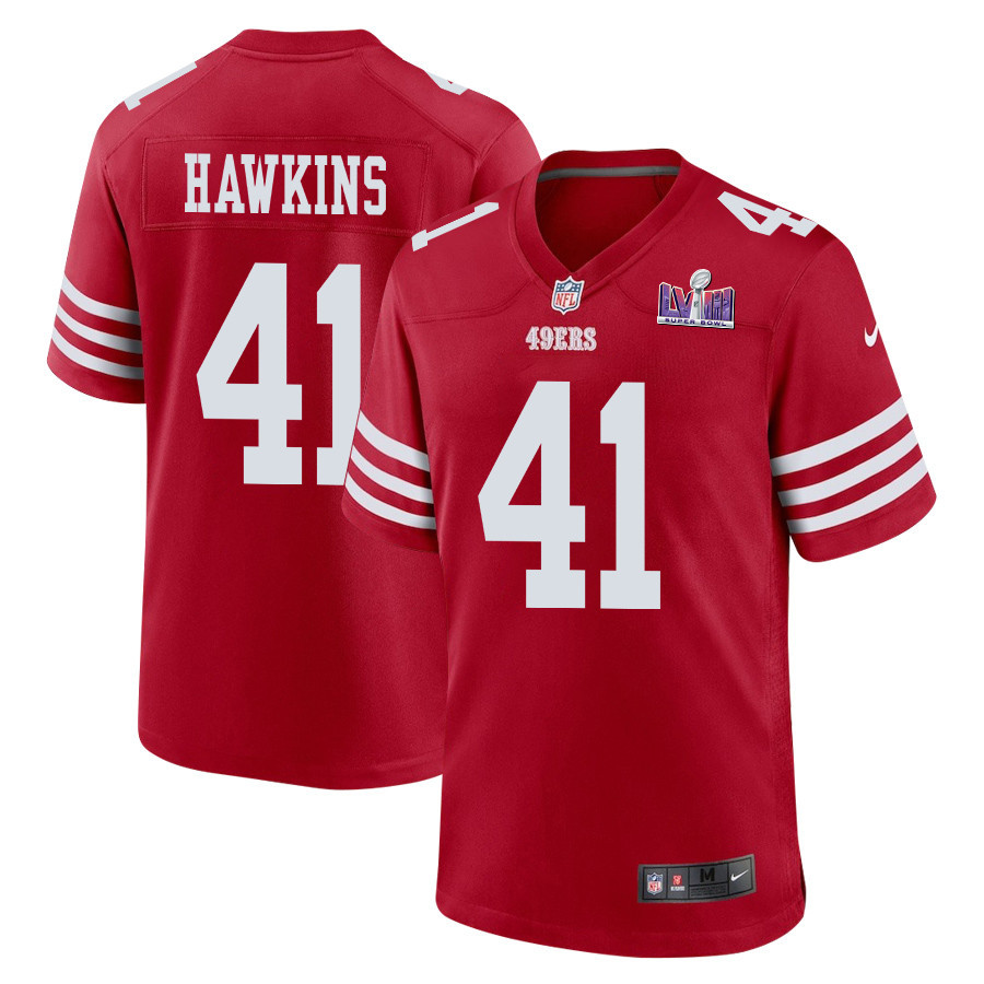 Tayler Hawkins 41 San Francisco 49ers Super Bowl LVIII Patch Game Men Jersey - Scarlet JS2307 Saliibo