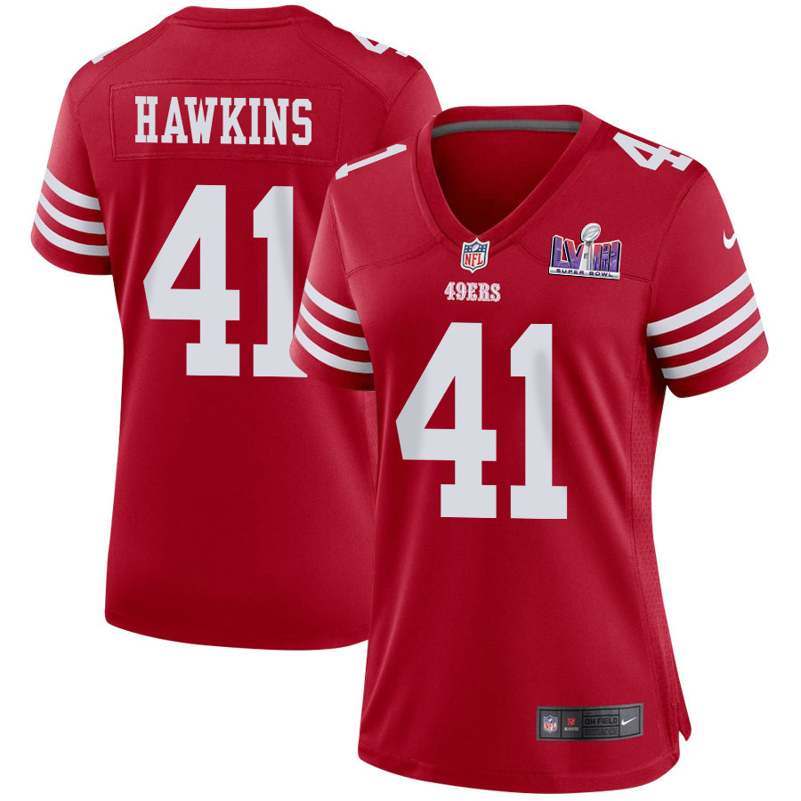 Tayler Hawkins 41 San Francisco 49ers Super Bowl LVIII Patch Game Women Jersey - Scarlet JS6906 Saliibo