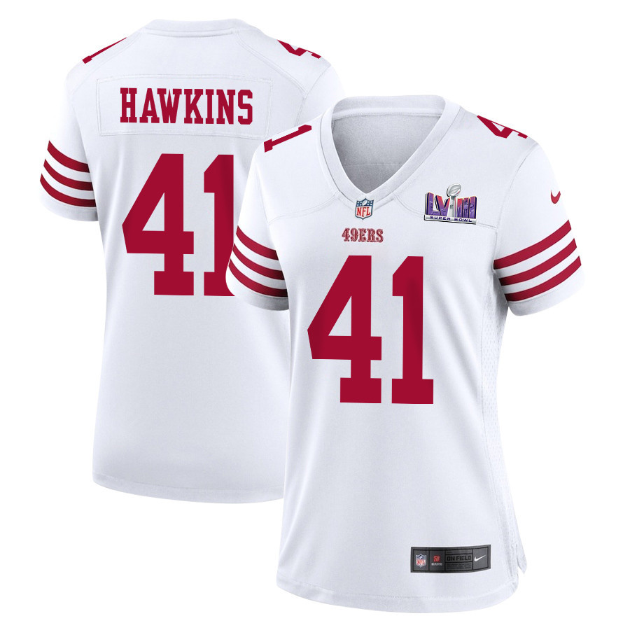 Tayler Hawkins 41 San Francisco 49ers Super Bowl LVIII Patch Game Women Jersey - White JS1817 Saliibo