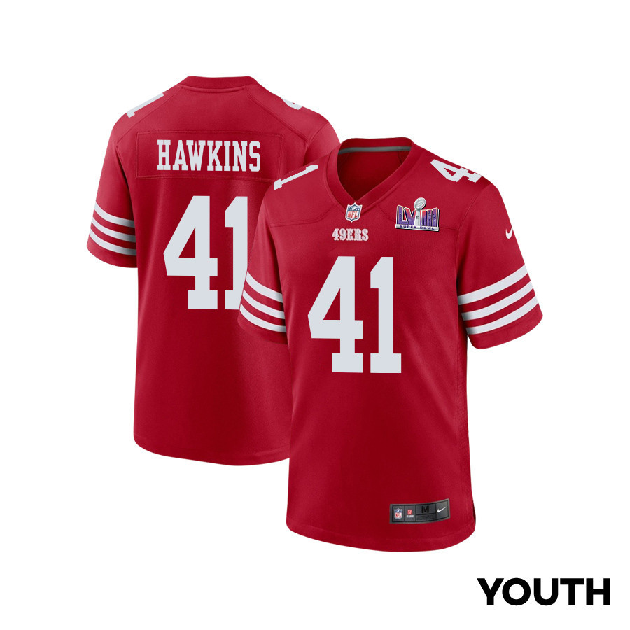 Tayler Hawkins 41 San Francisco 49ers Super Bowl LVIII Patch Game YOUTH Jersey - Scarlet JS1475 Saliibo