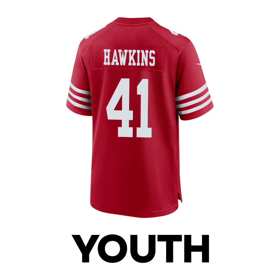Tayler Hawkins 41 San Francisco 49ers Super Bowl LVIII Patch Game YOUTH Jersey - Scarlet JS1475 Saliibo - Image 3