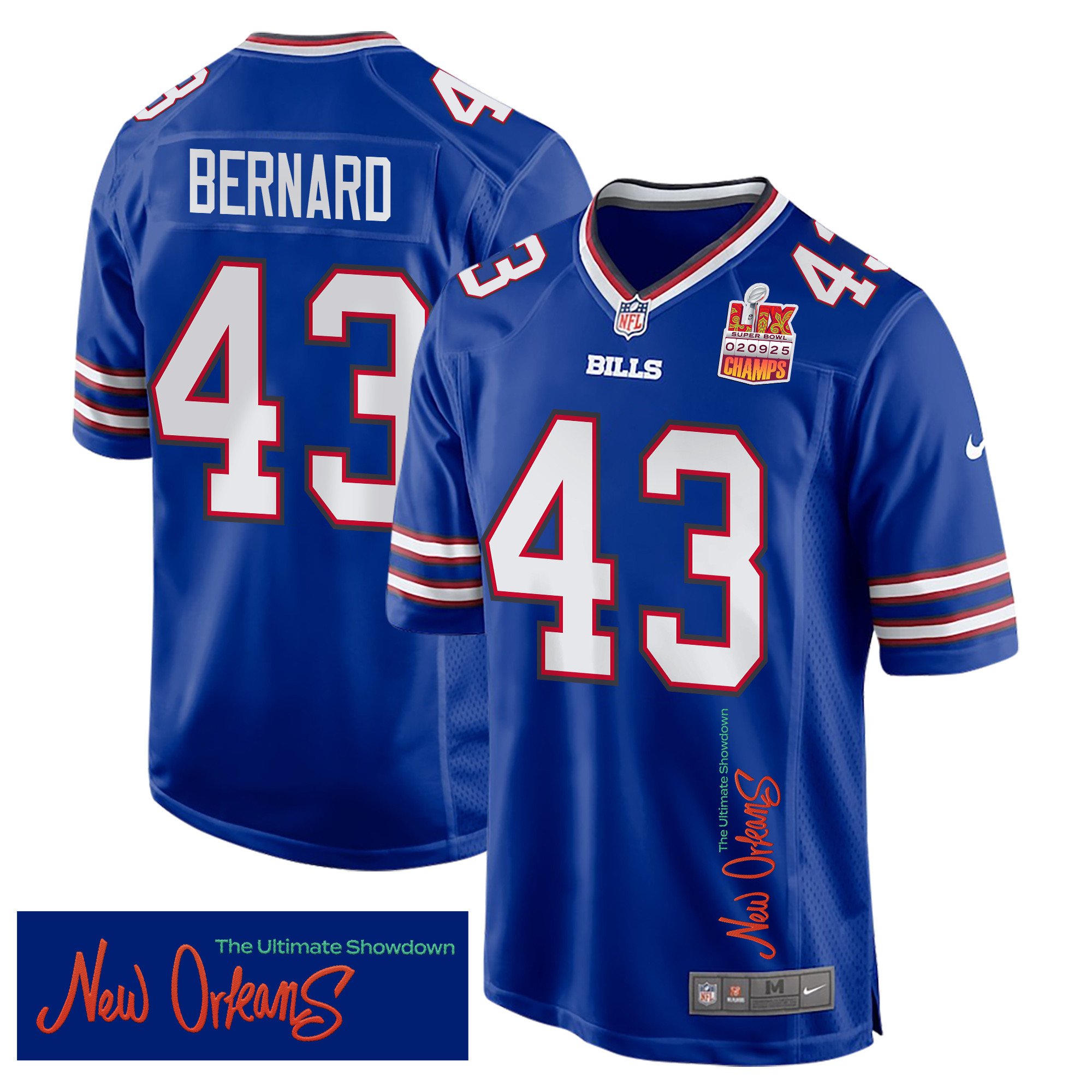 Terrel Bernard 43 Buffalo Bills Super Bowl LIX Champions Patch 'New Orleans - The Ultimate Showdown' EMBROIDERED Game Men Jersey - Royal JS9349 Saliibo