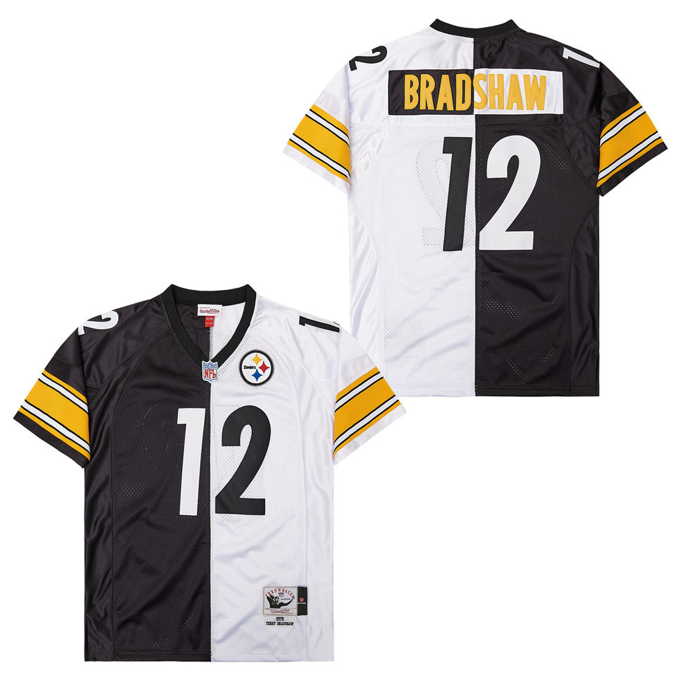 Terry Bradshaw 12 Pittsburgh Steelers Two-Toned Retro Throwback Men Jersey - Black/White JS8163 Saliibo