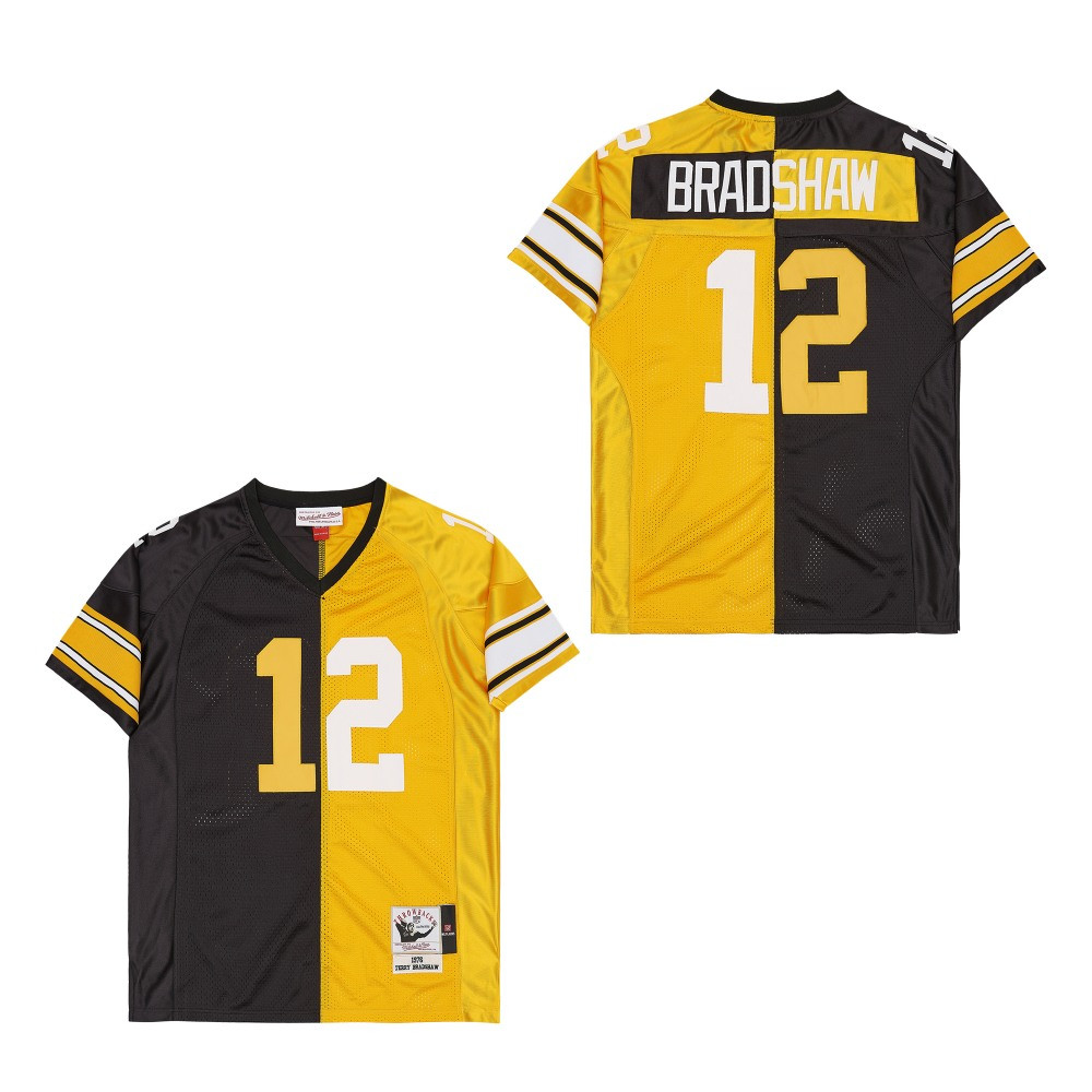 Terry Bradshaw 12 Pittsburgh Steelers Two-Toned Retro Throwback Men Jersey - Black/Yellow JS6281 Saliibo