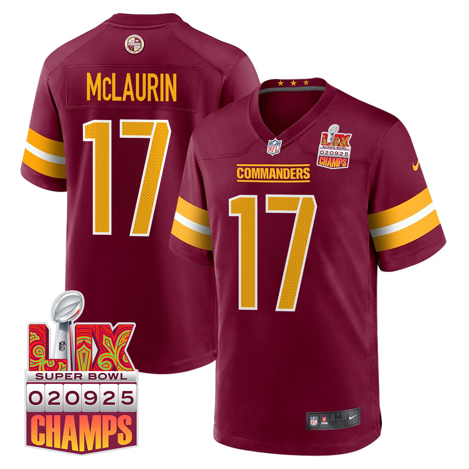 Terry McLaurin 17 Washington Commanders Super Bowl LIX Champions Patch Game Men Jersey - Burgundy JS5003 Saliibo