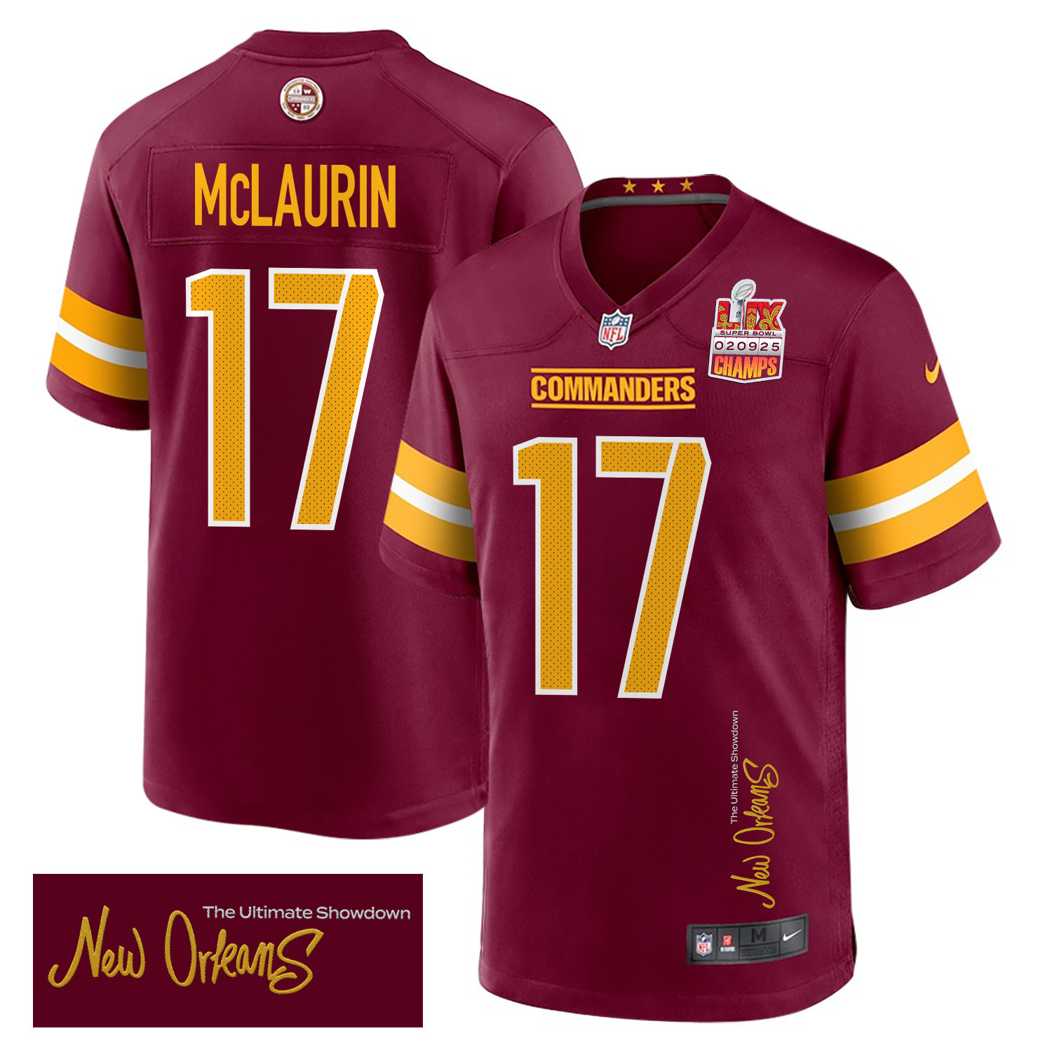 Terry McLaurin 17 Washington Commanders Super Bowl LIX Champions Patch 'New Orleans - The Ultimate Showdown' EMBROIDERED Game Men Jersey - Burgundy JS1677 Saliibo
