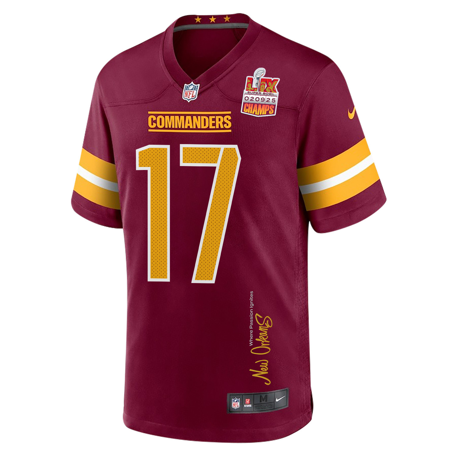 Terry McLaurin 17 Washington Commanders Super Bowl LIX Champions Patch 'New Orleans - Where Passion Ignites' EMBROIDERED Game Men Jersey - Burgundy JS1686 Saliibo - Image 3