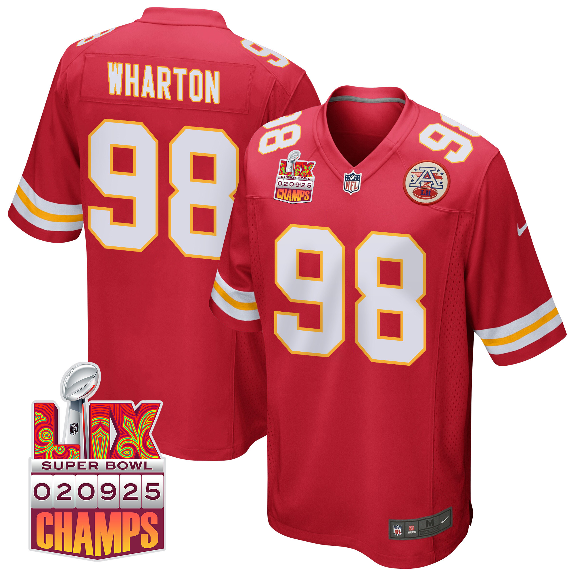 Tershawn Wharton 98 Kansas City Chiefs Super Bowl LIX Champions Patch Game Men Jersey - Red JS7001 Saliibo