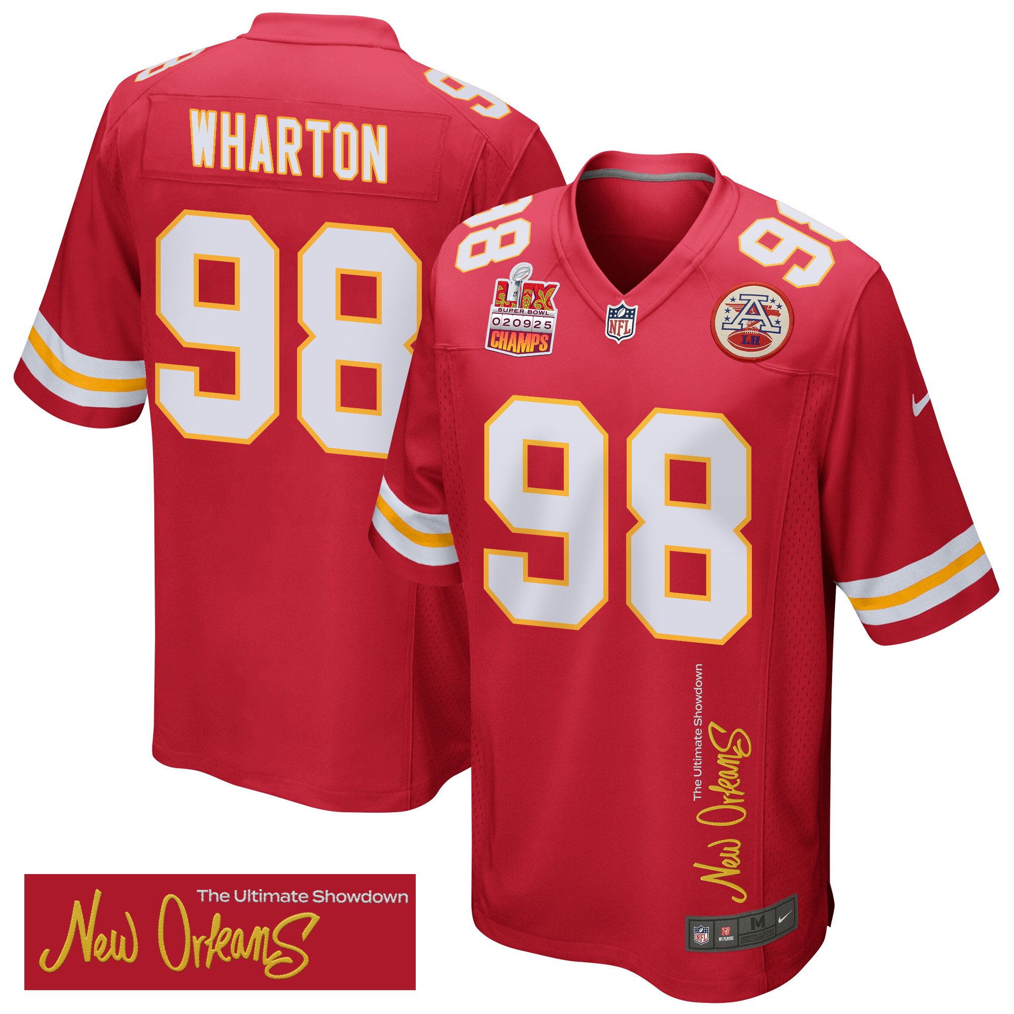 Tershawn Wharton 98 Kansas City Chiefs Super Bowl LIX Champions Patch 'New Orleans - The Ultimate Showdown' EMBROIDERED Game Men Jersey - Red JS6899 Saliibo
