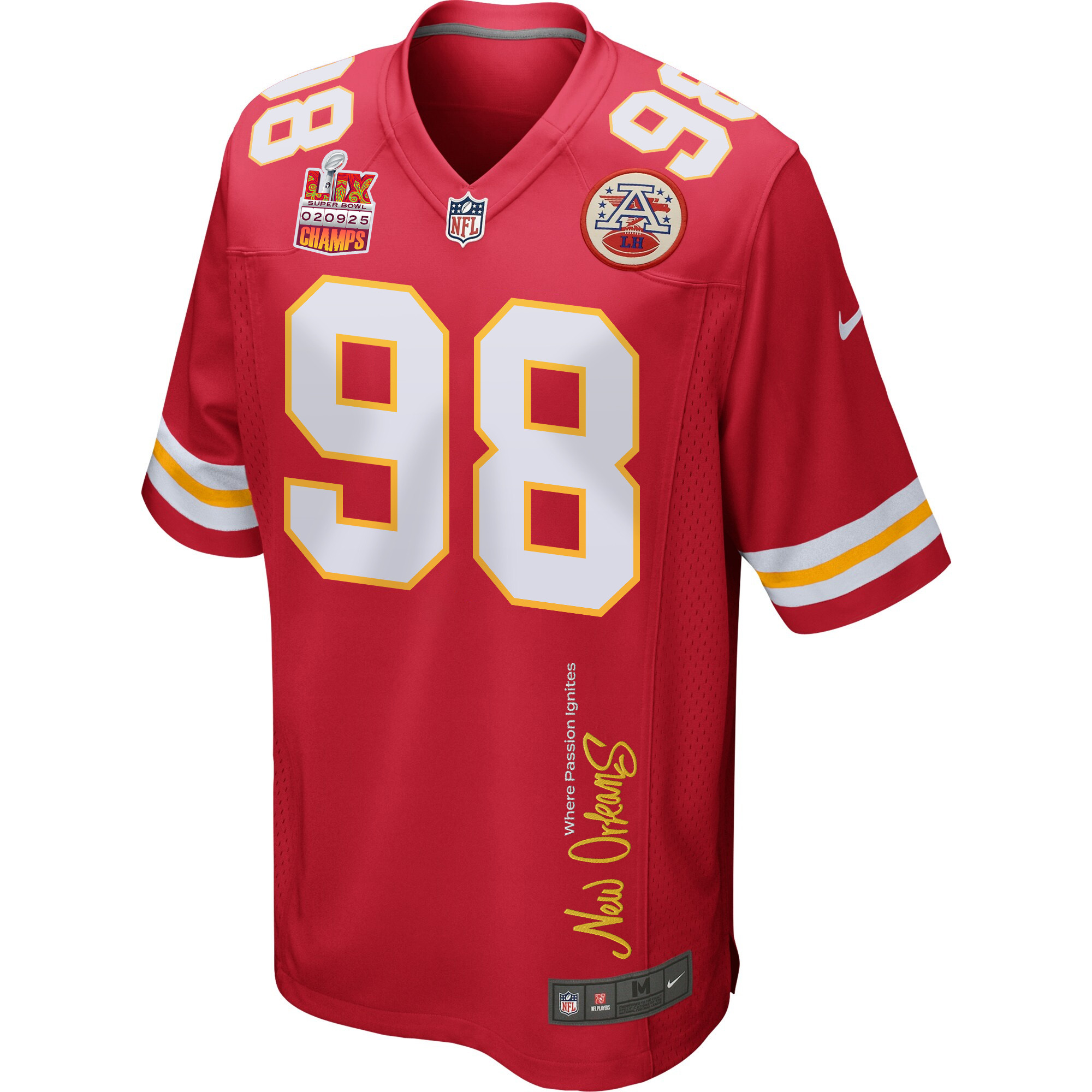Tershawn Wharton 98 Kansas City Chiefs Super Bowl LIX Champions Patch 'New Orleans - Where Passion Ignites' EMBROIDERED Game Men Jersey - Red JS9507 Saliibo - Image 3