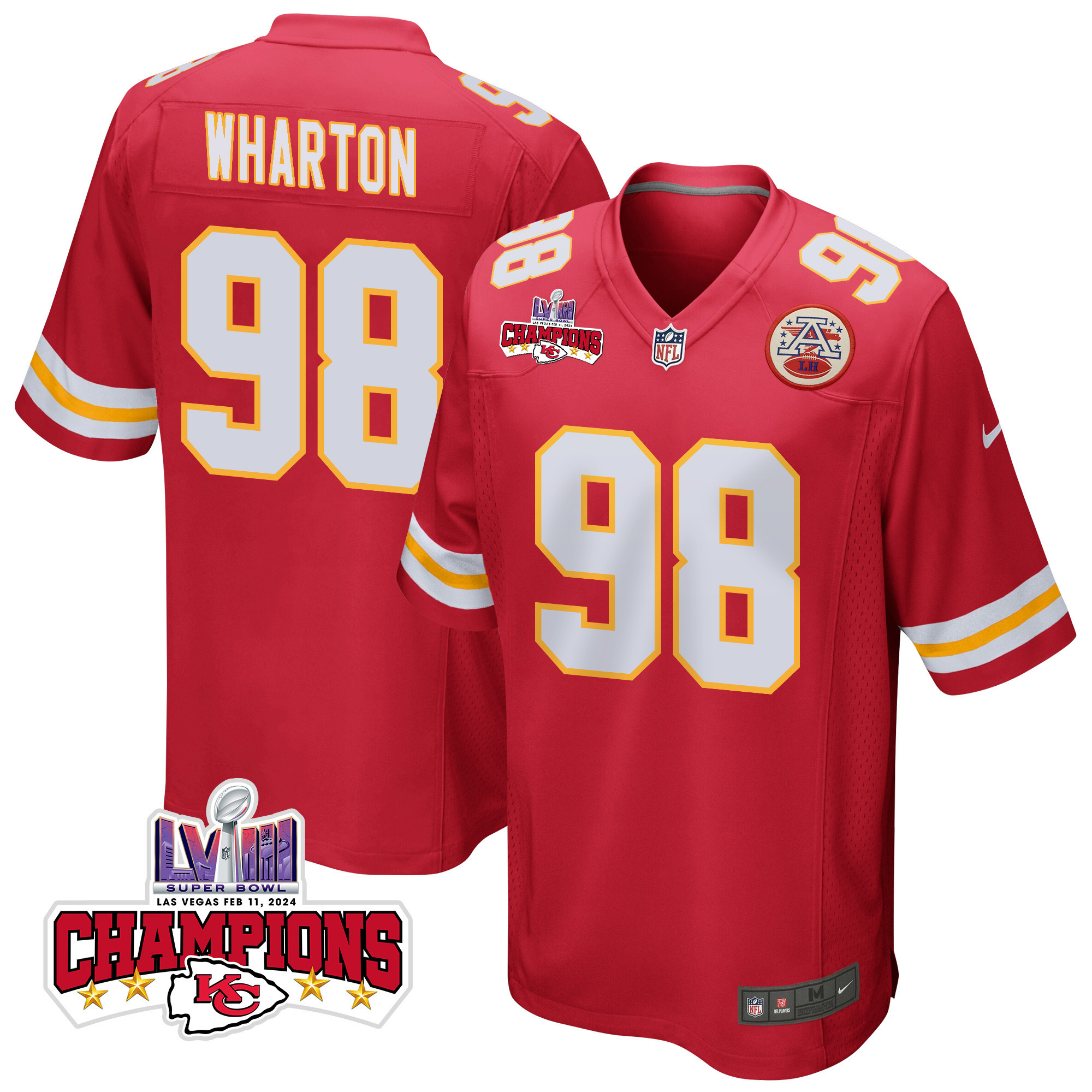 Tershawn Wharton 98 Kansas City Chiefs Super Bowl LVIII Champions 4 Stars Patch Game Men Jersey - Red JS8895 Saliibo