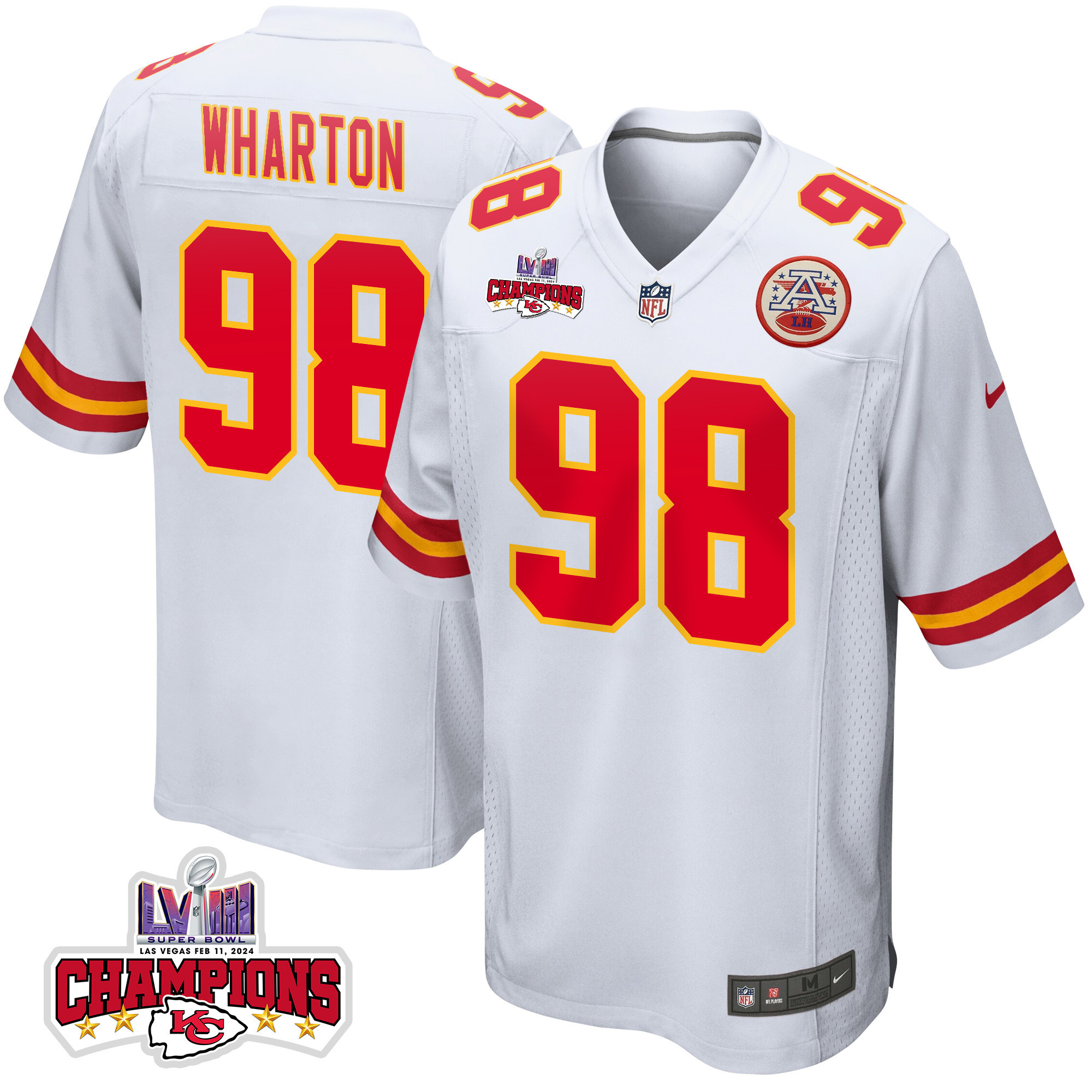 Tershawn Wharton 98 Kansas City Chiefs Super Bowl LVIII Champions 4 Stars Patch Game Men Jersey - White JS3679 Saliibo