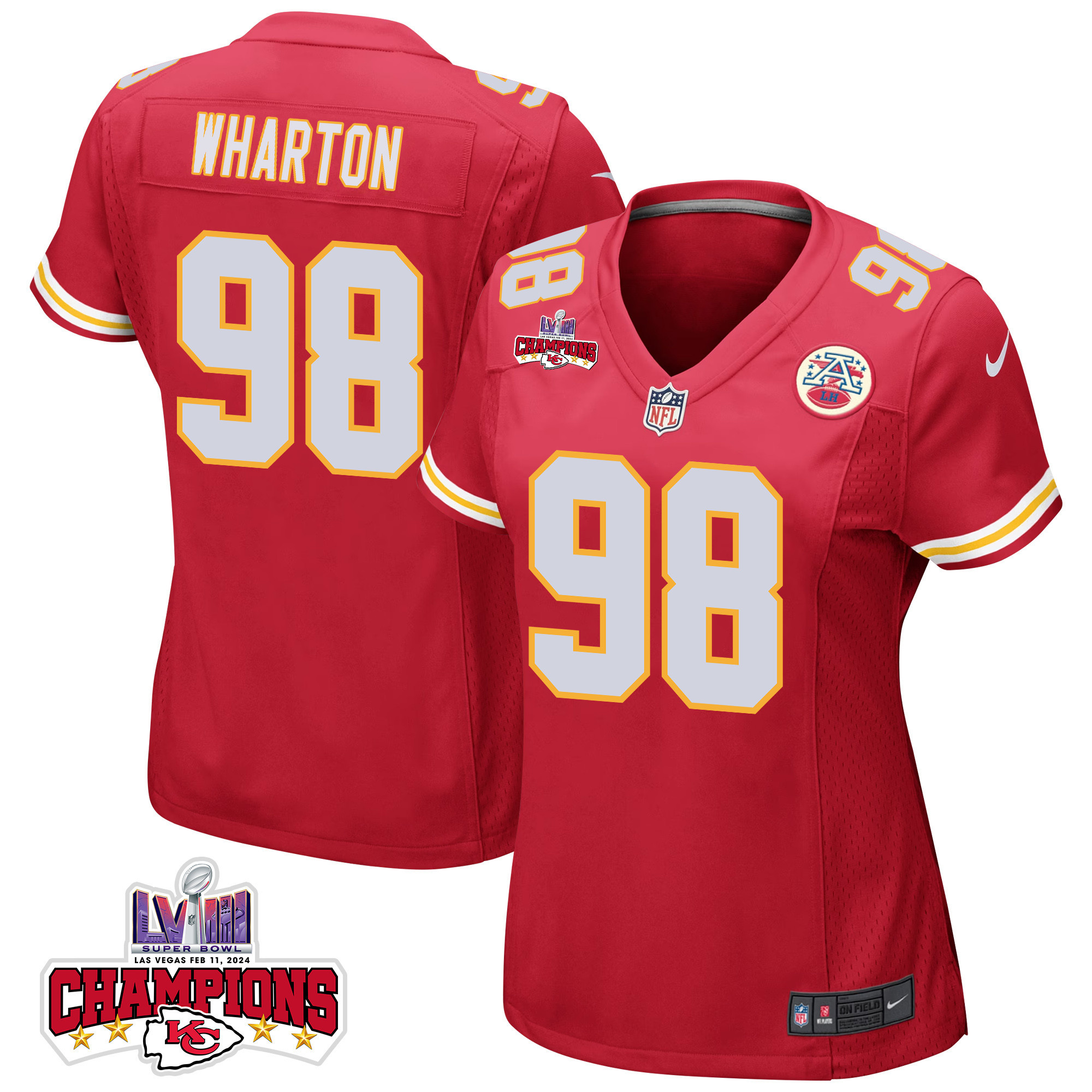 Tershawn Wharton 98 Kansas City Chiefs Super Bowl LVIII Champions 4 Stars Patch Game Women Jersey - Red JS9240 Saliibo
